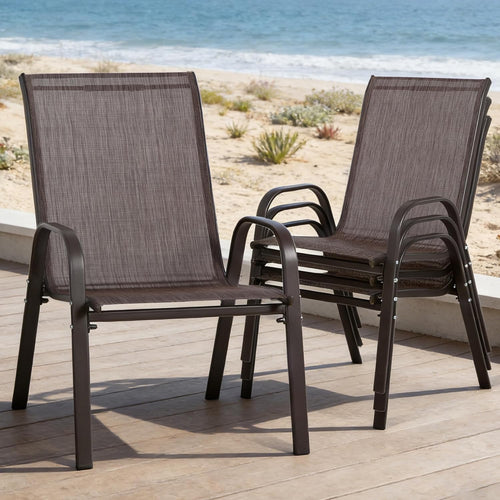 24.4" Wide Outdoor Stackable Chairs Set of 4, Stacking Patio Chairs with Textilene Fabric, Outside Furniture for Garden Backyard Balconie Poolside Deck, Brown