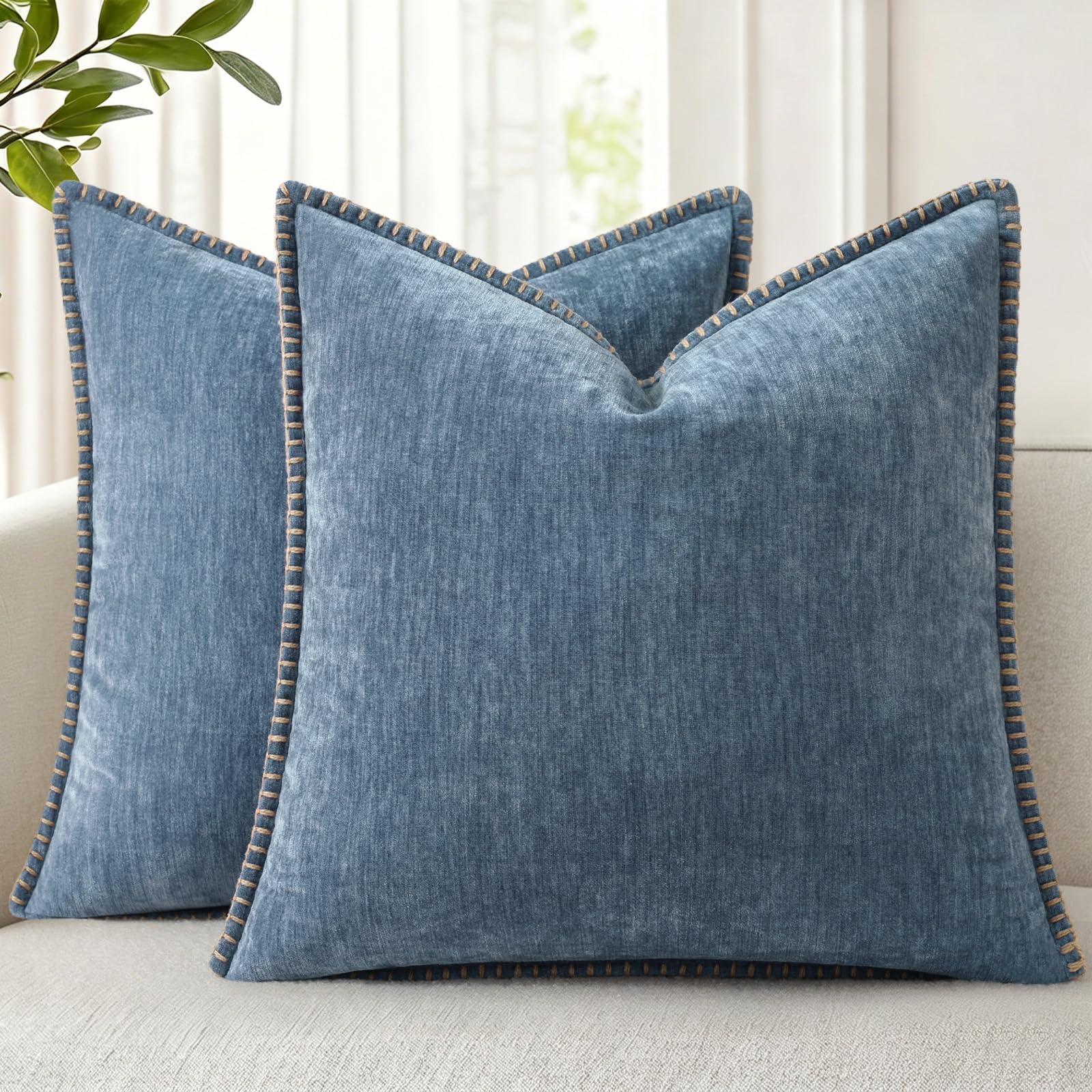 18x18 2-Pack Forest Green Chenille Pillow Covers, Stitched Edge