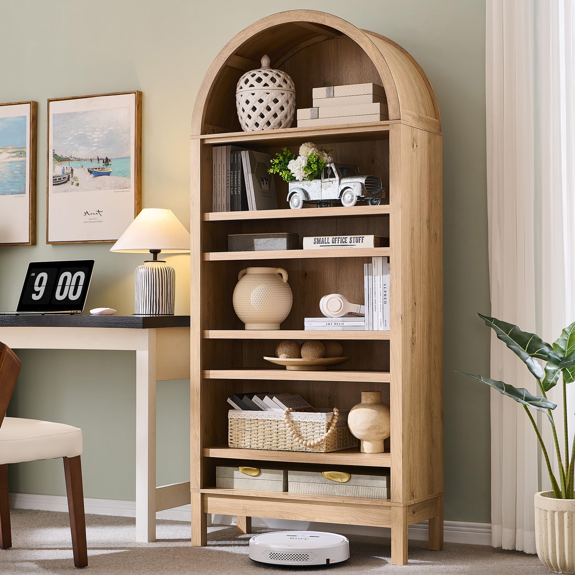 71" 7-Tier Arched Wood Bookshelf Adjustable Shelves, Brown