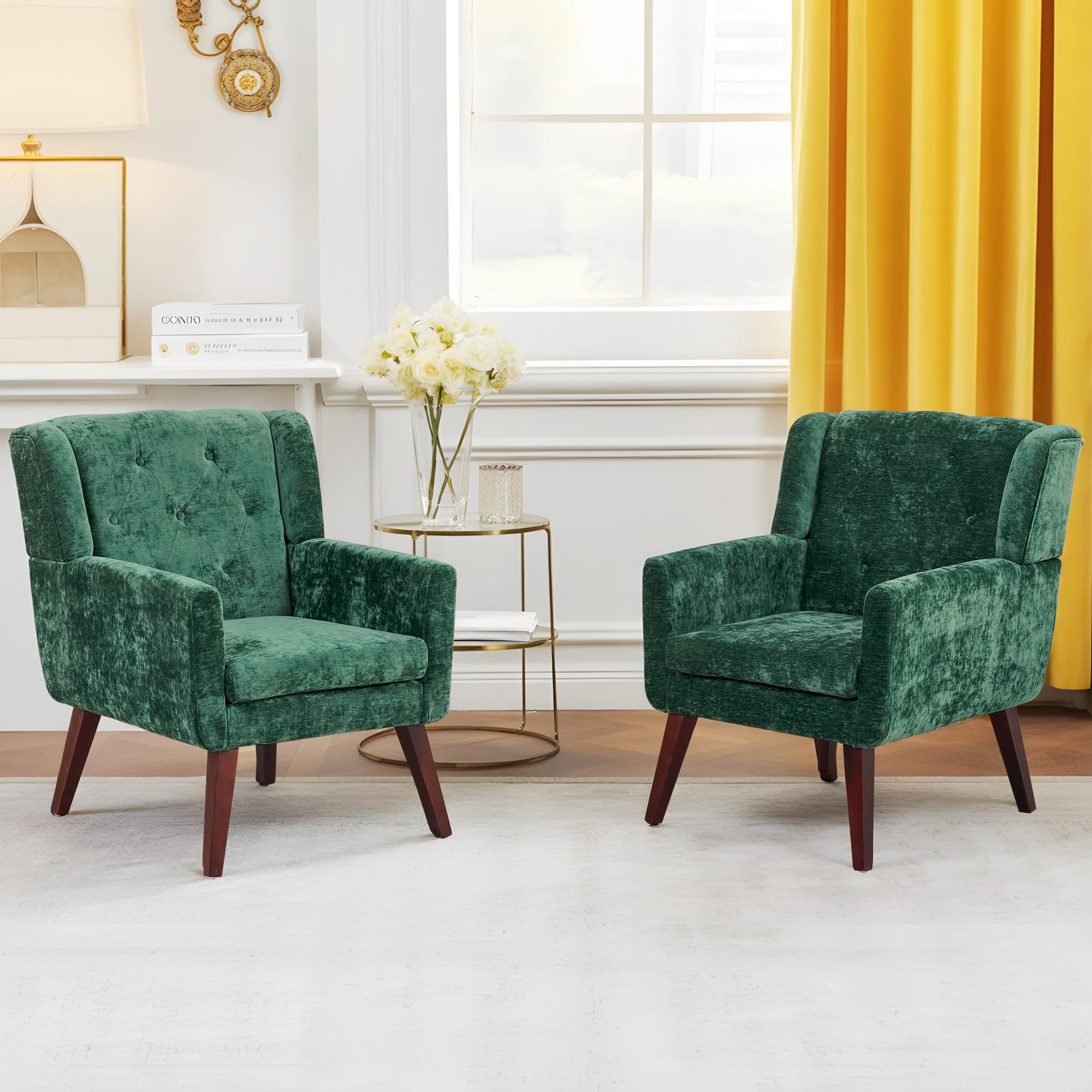 Accent Chair Button-Tufted Upholstered Living Room Chairs Comfy Reading Chair Mid Century Modern Chair with Linen Fabric Lounge Arm Chairs for Living Room Bedroom（Green）