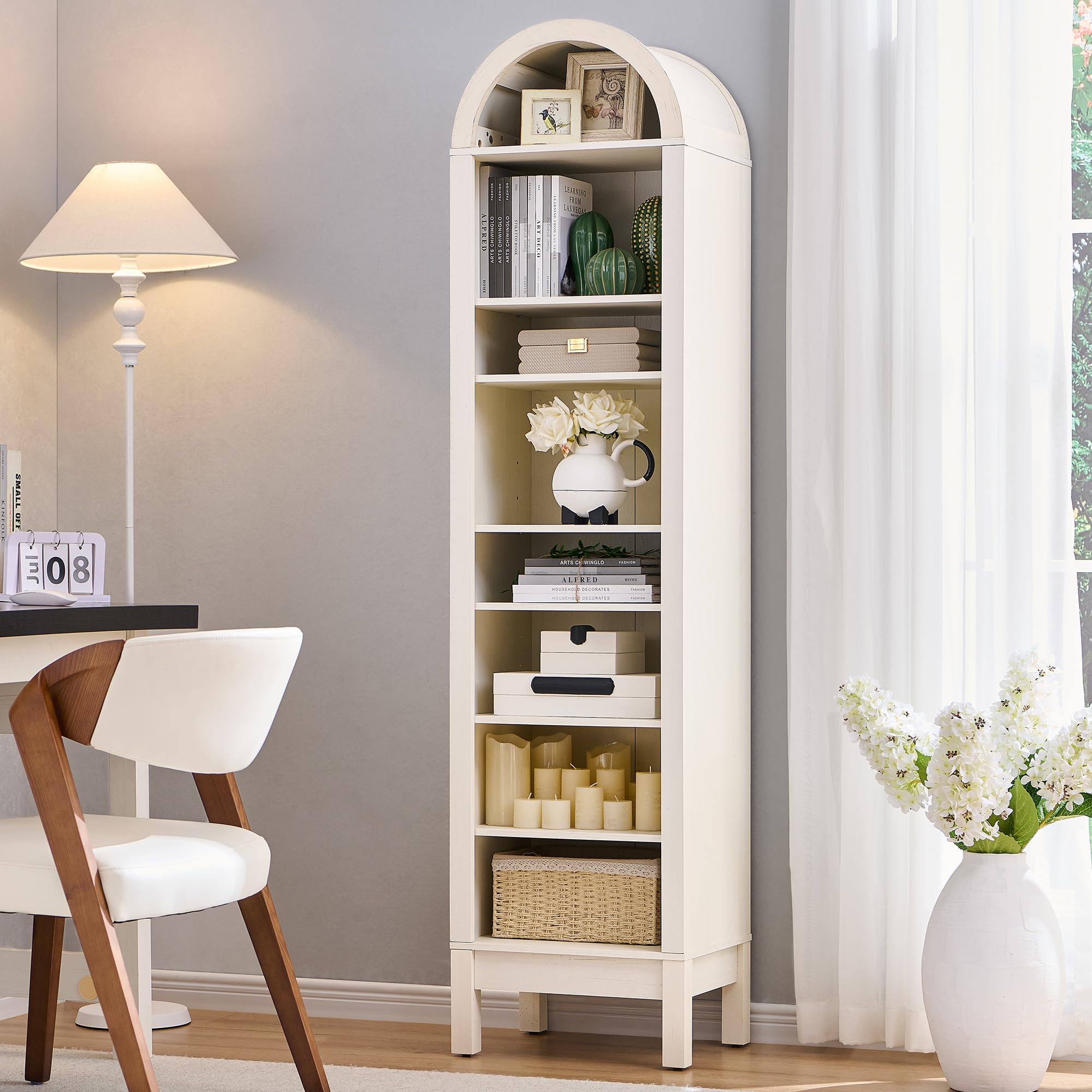 71" 7-Tier Arched Wood Bookshelf Adjustable Shelves, Brown