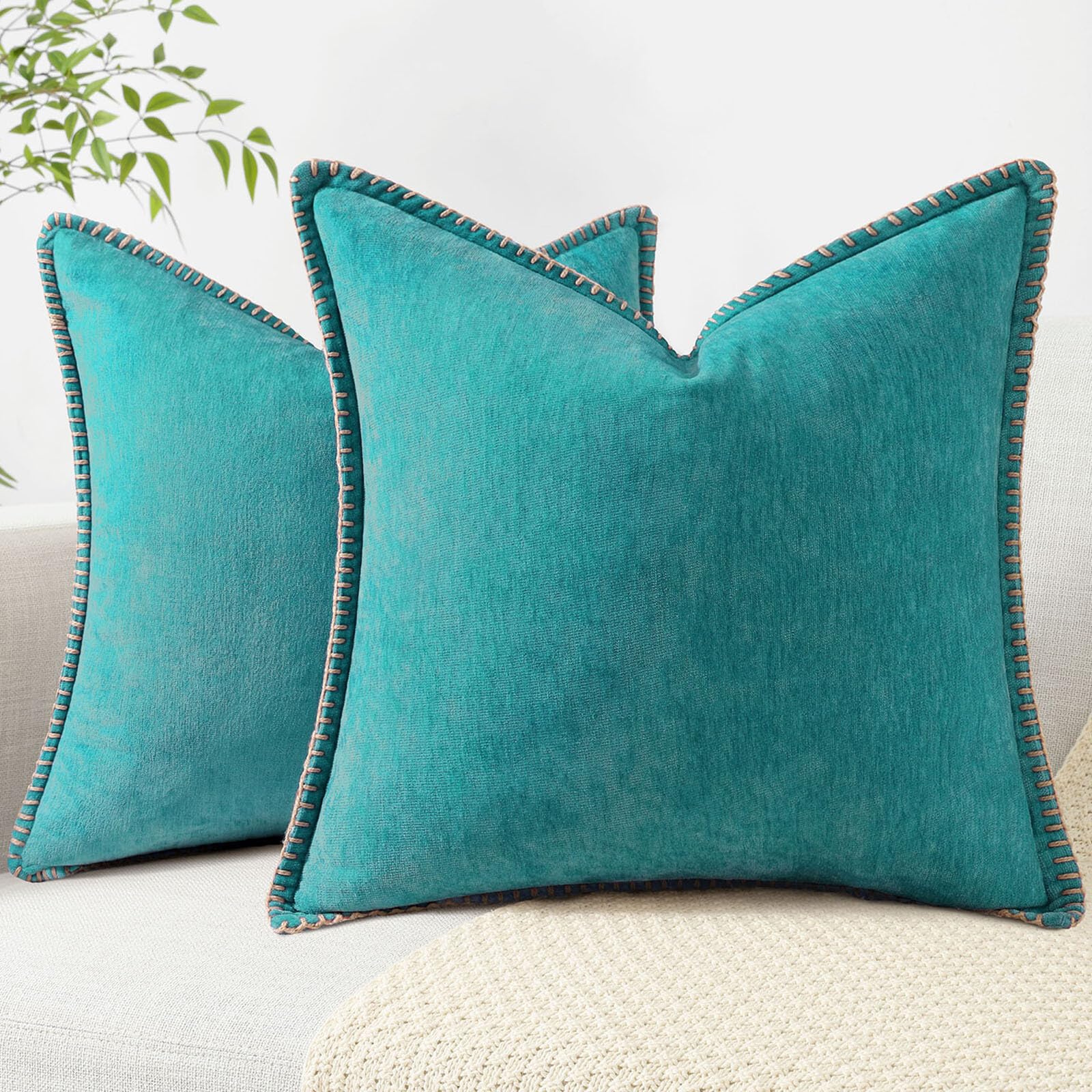 18x18 2-Pack Forest Green Chenille Pillow Covers, Stitched Edge