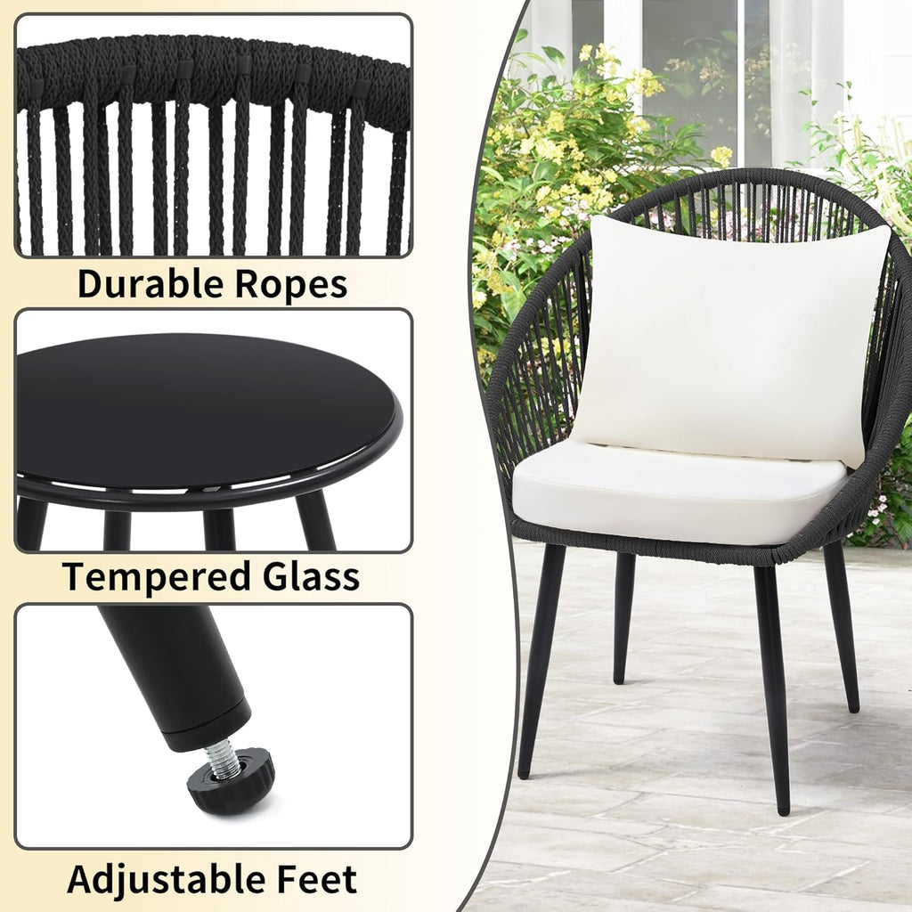 wildformers 3 Pieces Bistro Set, Woven Rope Chair with Cushions, All Weather Patio Conversation Set and Side Table, Ideal for Deck, Balcony, Poolside, Black