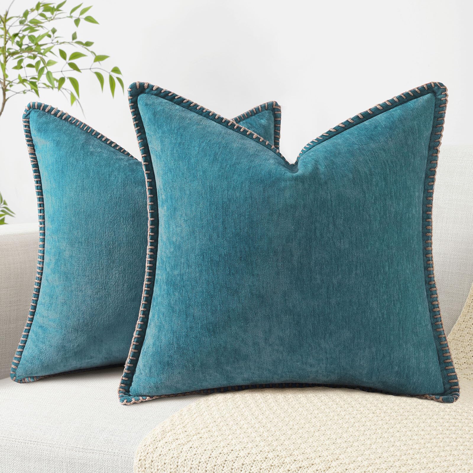 18x18 2-Pack Forest Green Chenille Pillow Covers, Stitched Edge
