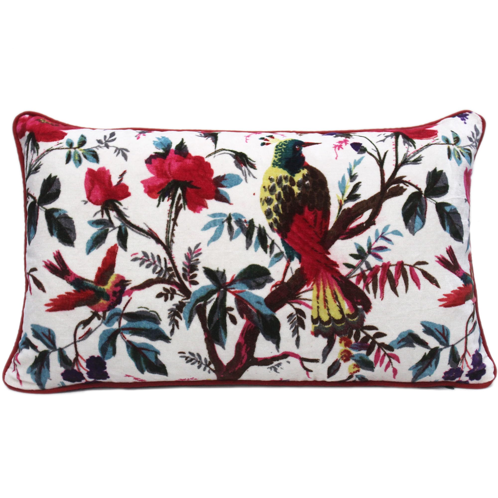 24x24 inch Burgundy Red Velvet Floral Flower Bird Throw Pillow Sofa Cushion Cover Case Couch Bohemian Accent Colorful Boho Chic Indian Handmade Cover Only