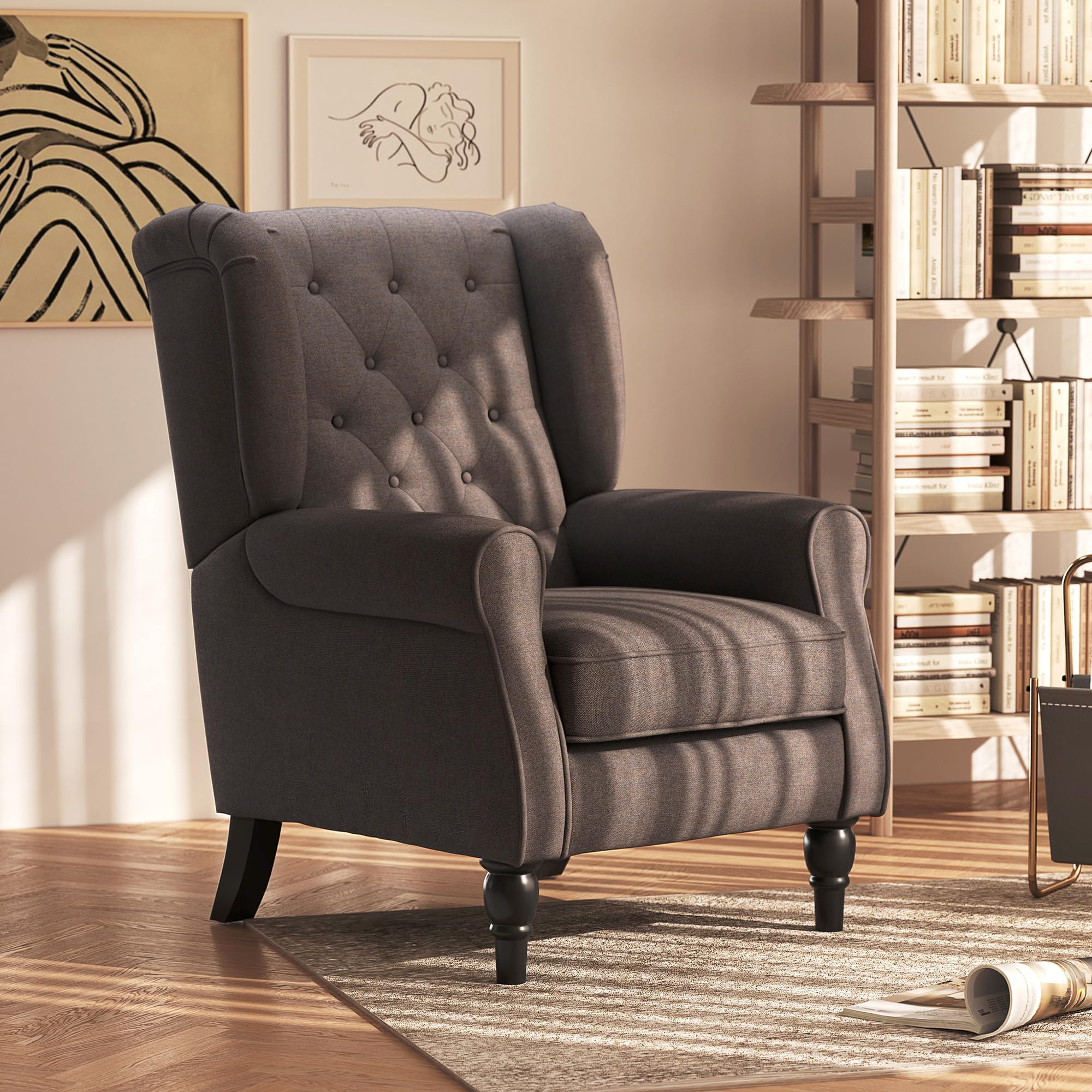 HOMCOM Mid-Century Modern Accent Chair, High Wingback Reading Chair, Button-Tufted Upholstered Fabric Armchair with Retro Wood Legs for Apartment, Living Room, Bedroom, Gray
