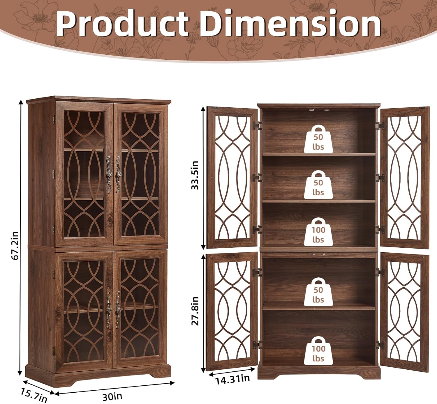 Joaxswe 67" Tall Bookshelf, Rustic Book Shelf w/Vintage Pattern Tempered Glass Doors, 5-Tier Wood Bookcase with Adjustable Storage Shelves, Retro Curio Display Cabinet for Living Room, Brown