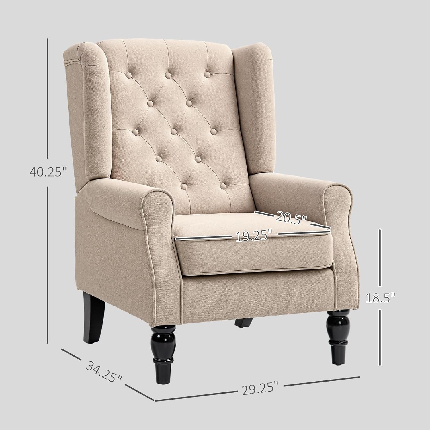HOMCOM Beige Mid-Century Tufted Wingback Fabric Accent Chair with Wooden Legs for Living Room & Bedroom