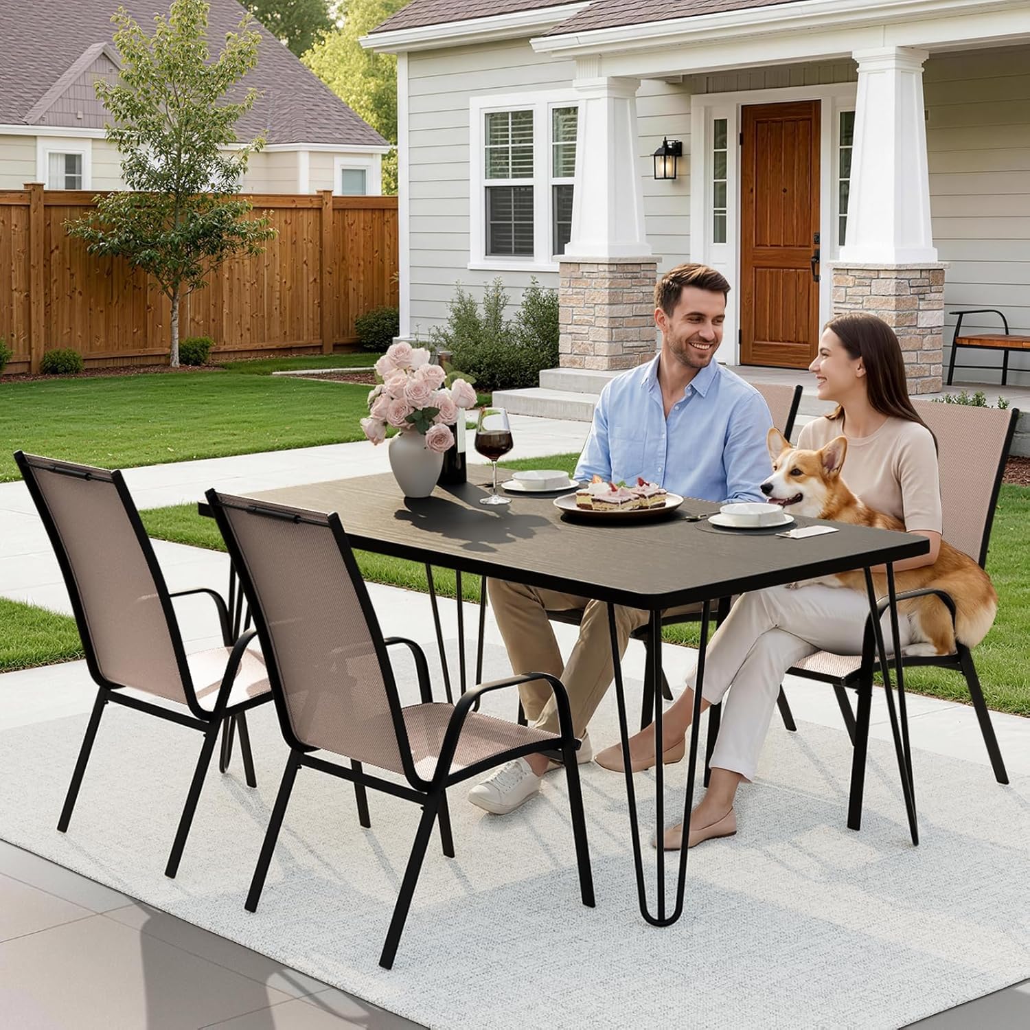 JEAREY Patio Dining Chairs Set of 4, Outdoor Stackable Dining Furniture Set, All Weather Dining Set for Lawn, Garden, Backyard, Poolside, Brown