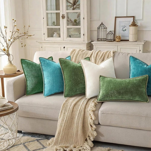 18x18 2-Pack Forest Green Chenille Pillow Covers, Stitched Edge