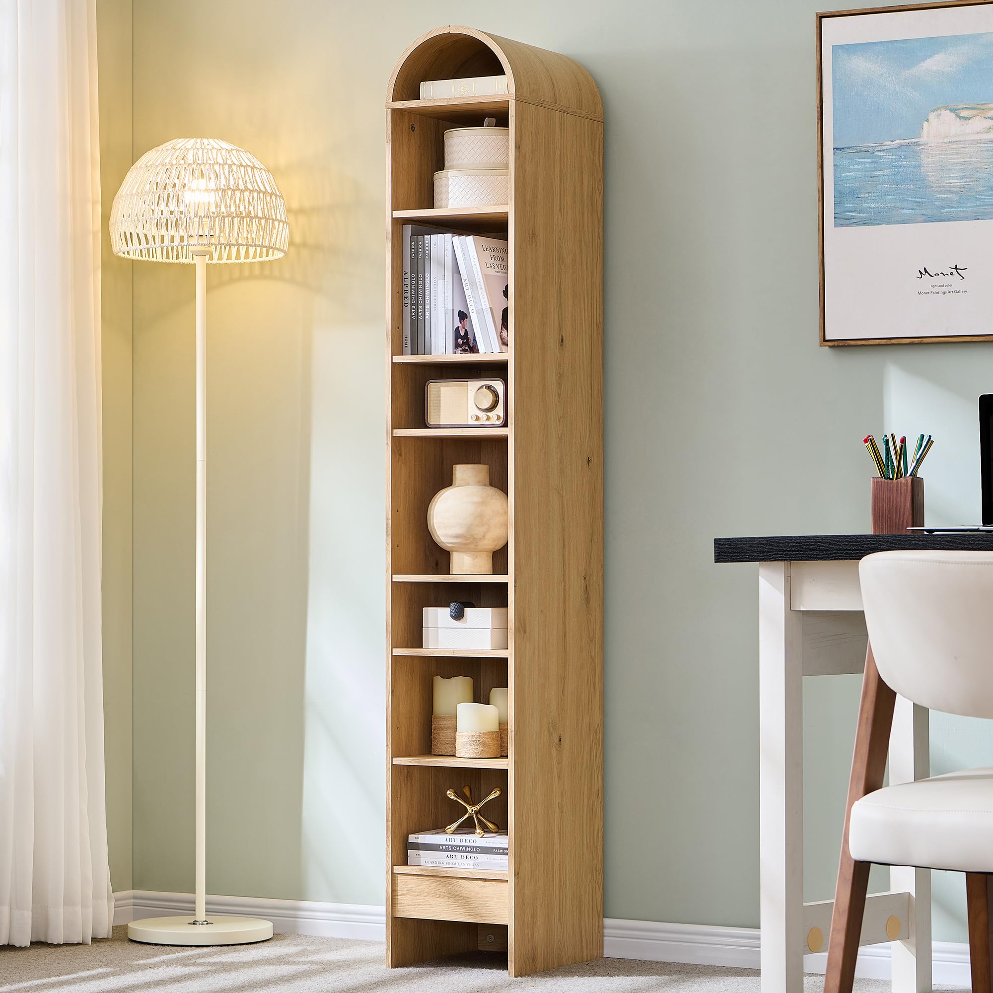 71" 7-Tier Arched Wood Bookshelf Adjustable Shelves, Brown