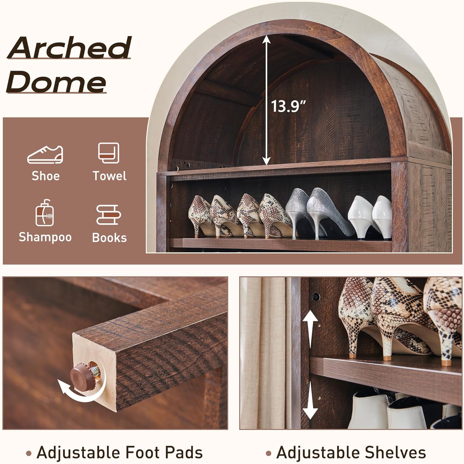 71" 7-Tier Arched Wood Bookshelf Adjustable Shelves, Brown