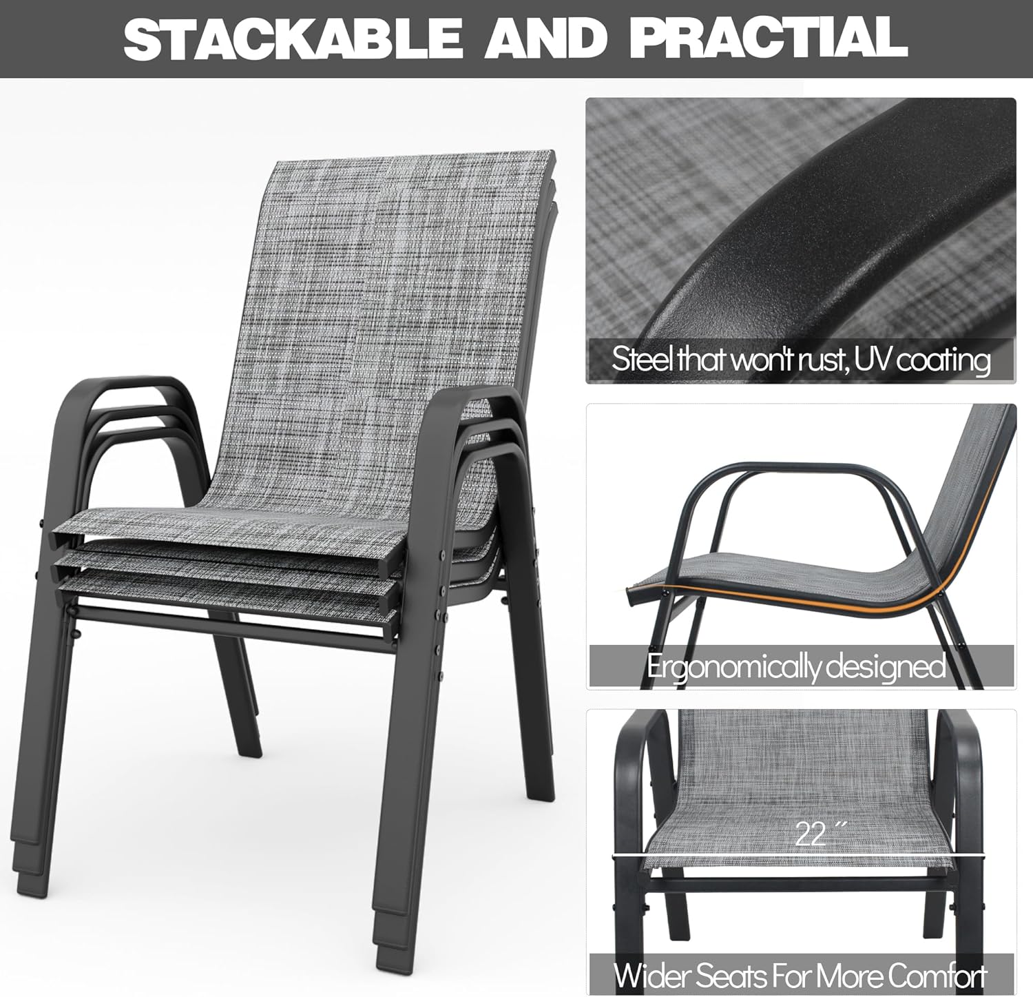 Patio Chairs Set of 6, Stackable Outdoor Dining Chairs for All Weather Textilene Fabric & Metal Frame, Outdoor Chairs Set for Backyard Deck Garden