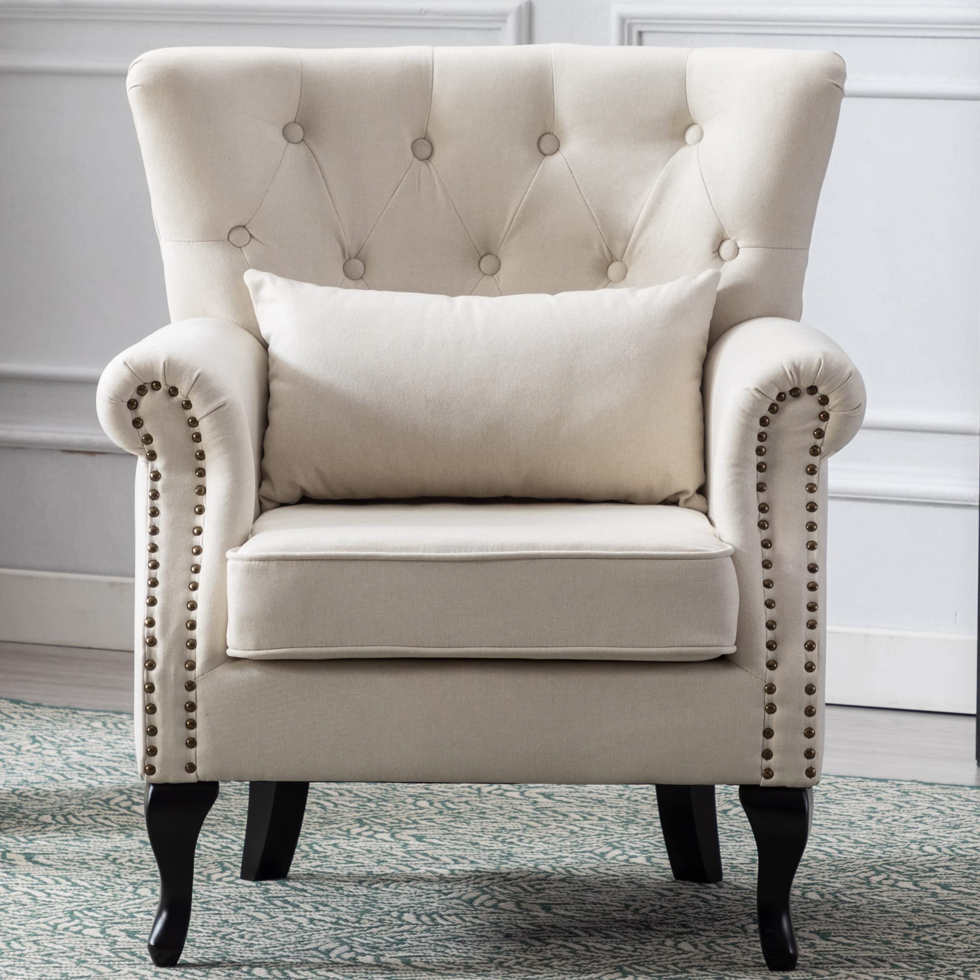 Mid Century Modern Accent Chair Upholstered Armchair Comfy Linen Fabric Single Sofa with Tufted Wingback for Small Spaces Bedroom Living Room, Beige