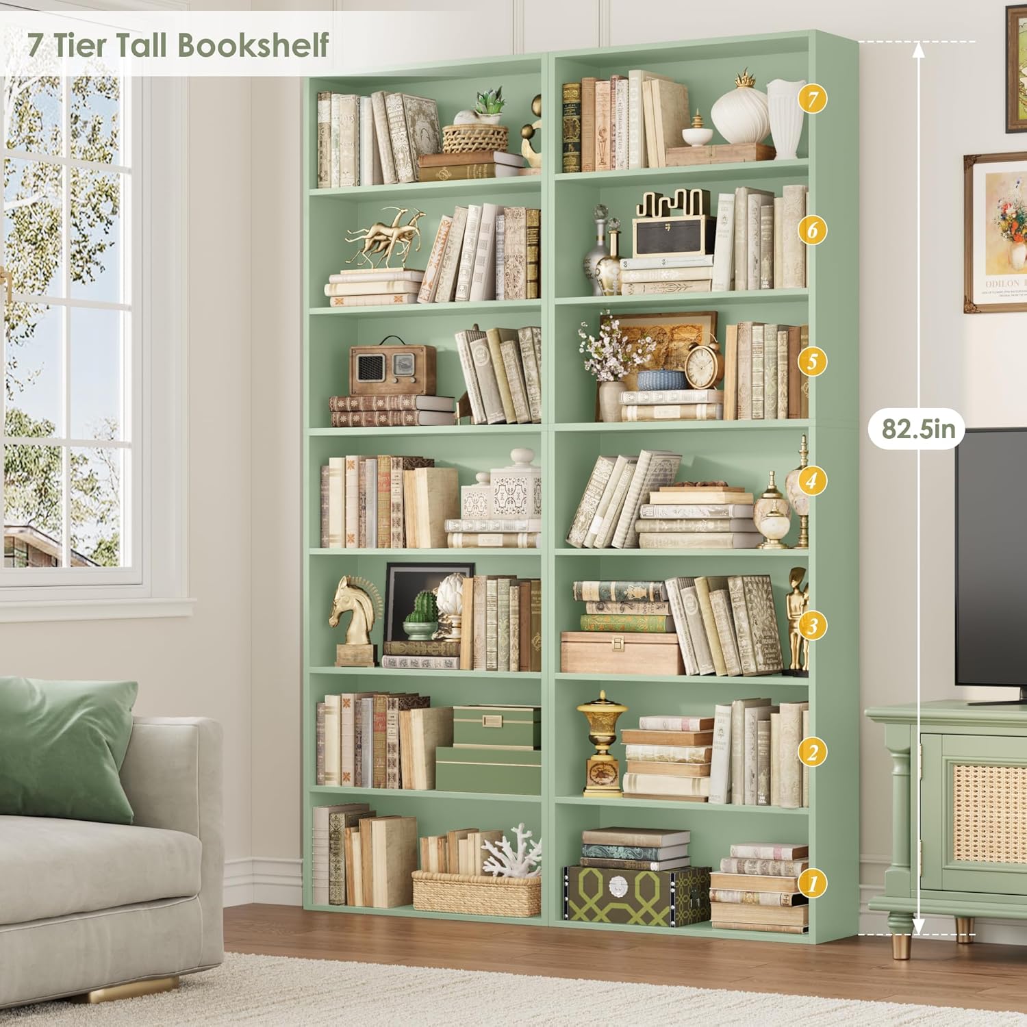 FACBOTALL 82" Tall Bookshelf, 7-Tier Open Shelves Bookcase, Freestanding Display Storage Shelves, Tall Bookcase Home Decor Furniture for Home Office, Living Room, Bedroom, Green