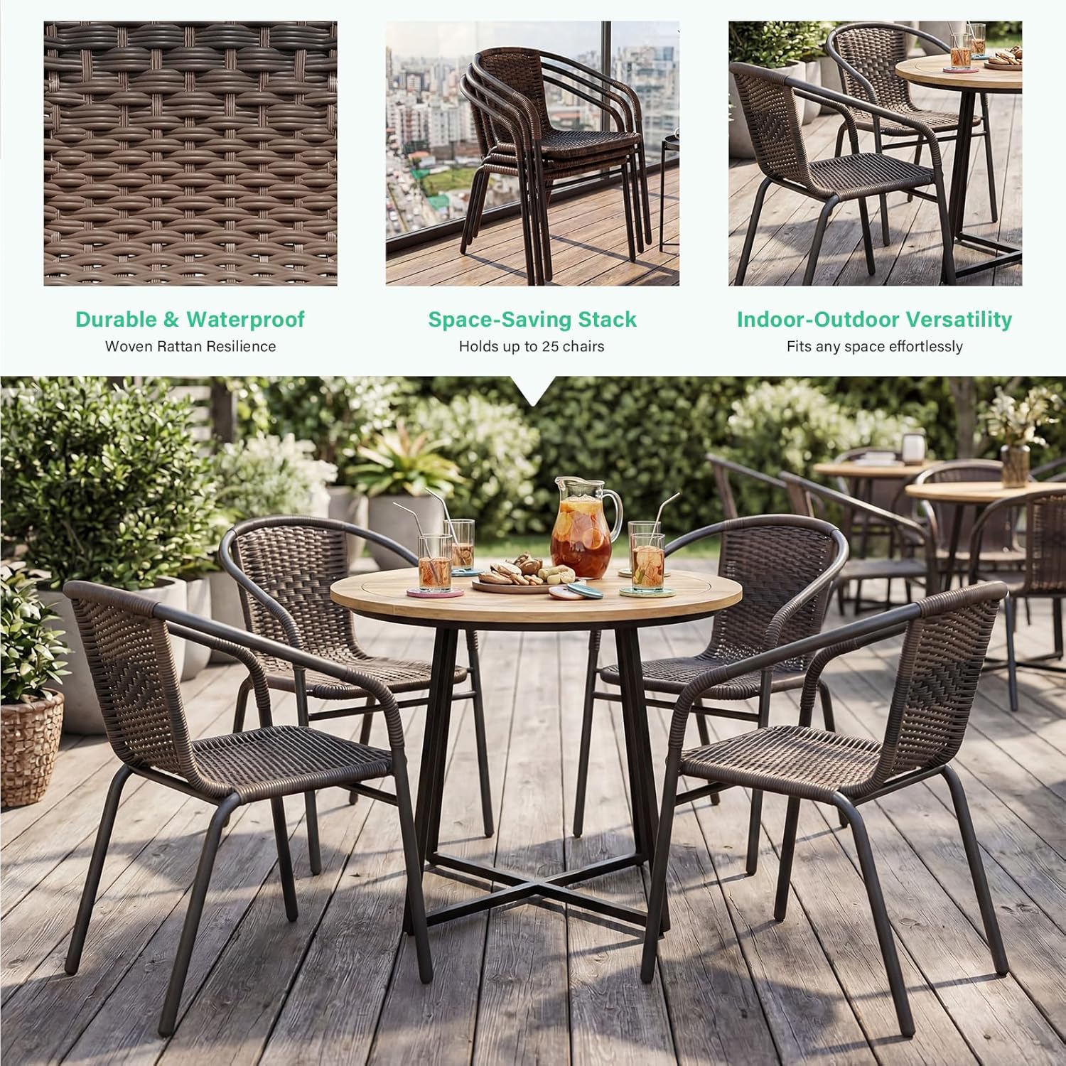 JEAREY Outdoor Patio Rattan Dining Chairs Set of 4, All Weather Stackable Dining Chairs for Lawn, Restaurant, Garden, Brown