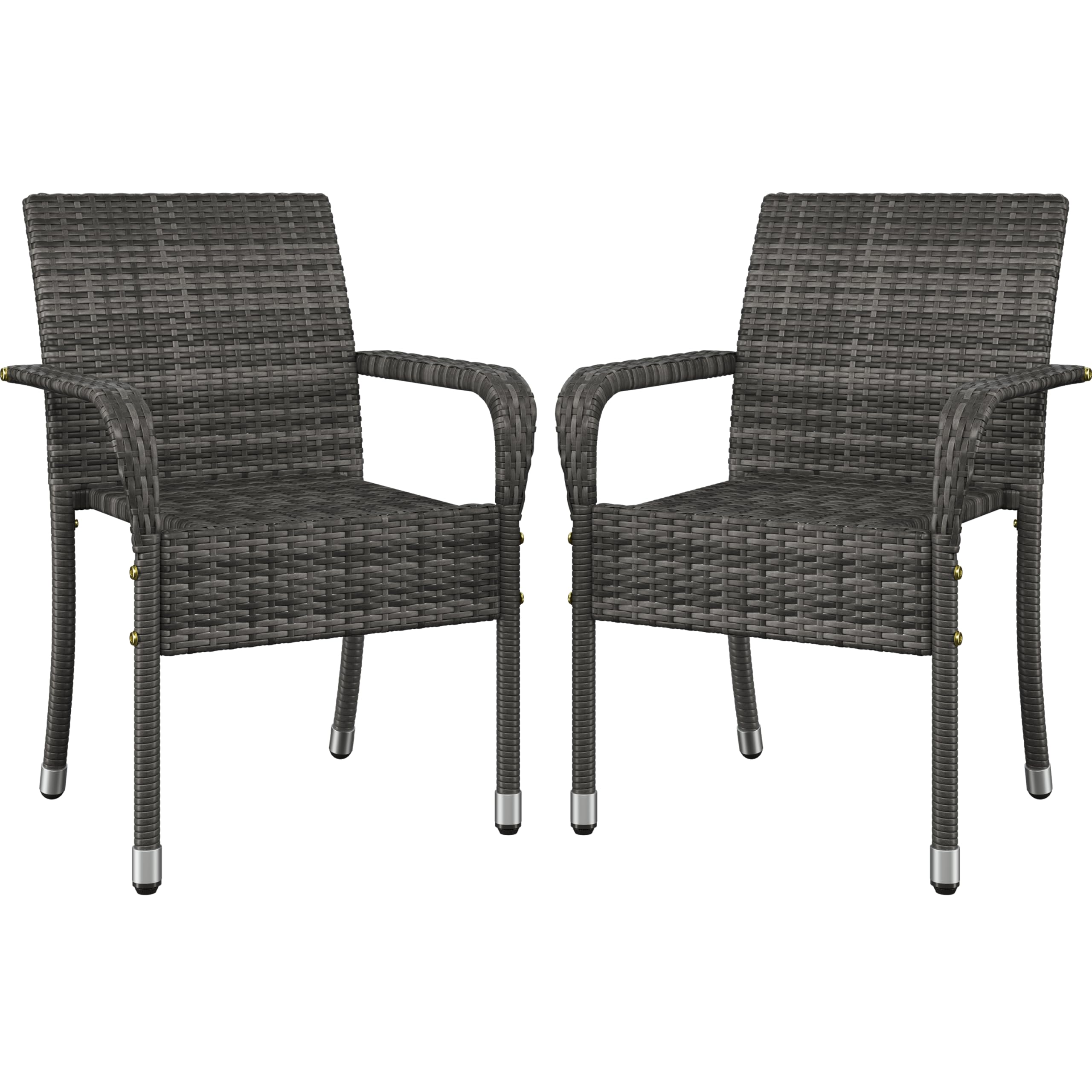 Yaheetech Set of 2 Stackable Outdoor Rattan Dining Chairs, All-Weather Armchair w/Armrests, Steel Frame for Garden, Patio, Deck, Yard, Poolside, Brown