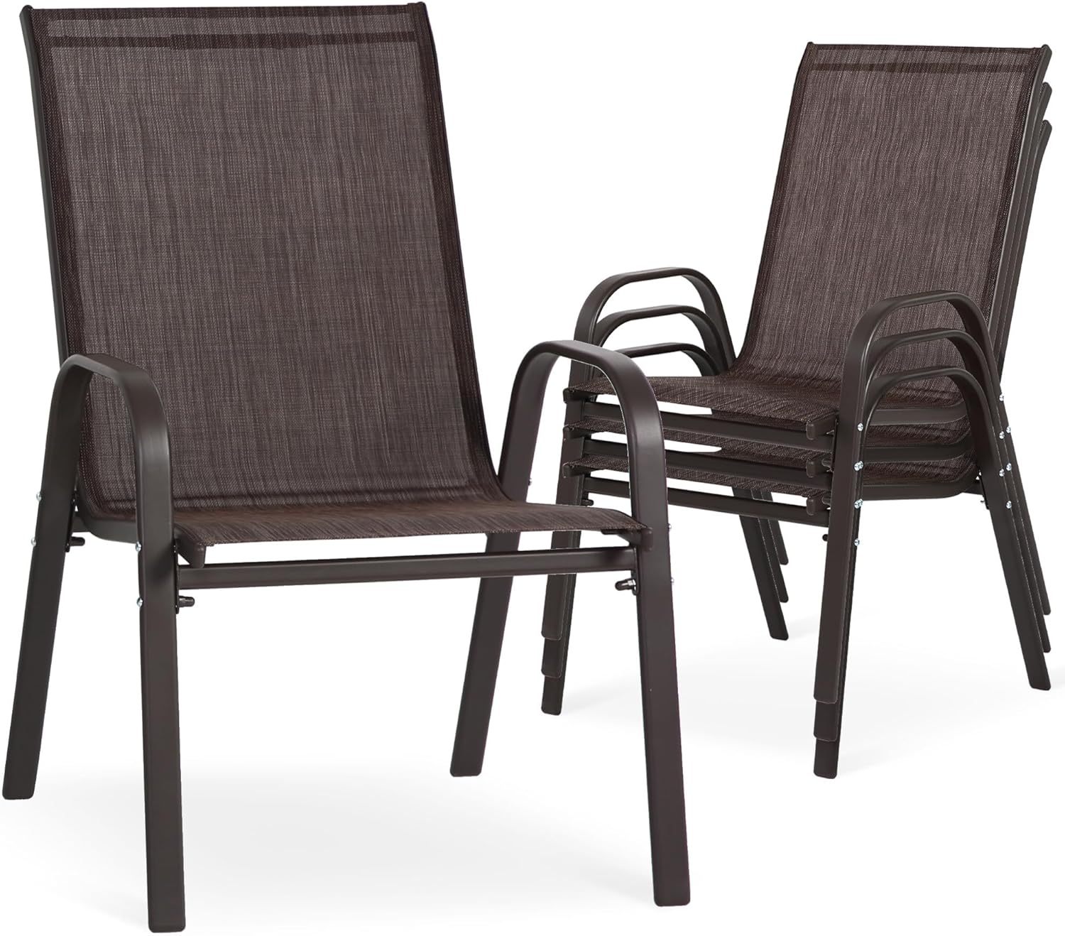 24.4" Wide Outdoor Stackable Chairs Set of 4, Stacking Patio Chairs with Textilene Fabric, Outside Furniture for Garden Backyard Balconie Poolside Deck, Brown