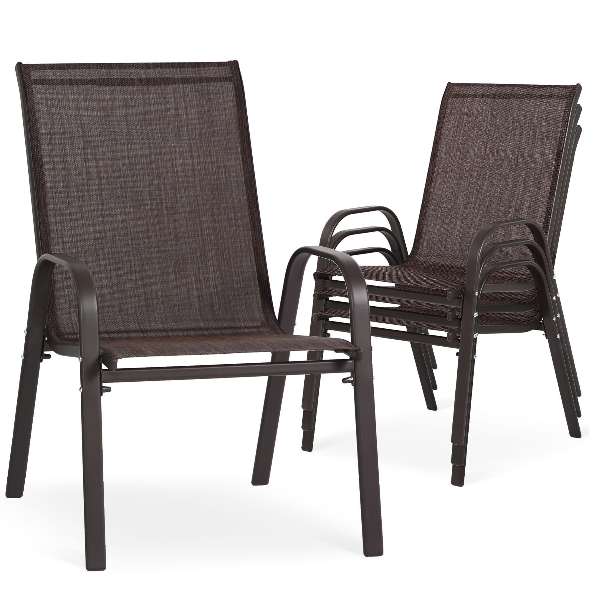 24.4" Wide Outdoor Stackable Chairs Set of 4, Stacking Patio Chairs with Textilene Fabric, Outside Furniture for Garden Backyard Balconie Poolside Deck, Brown