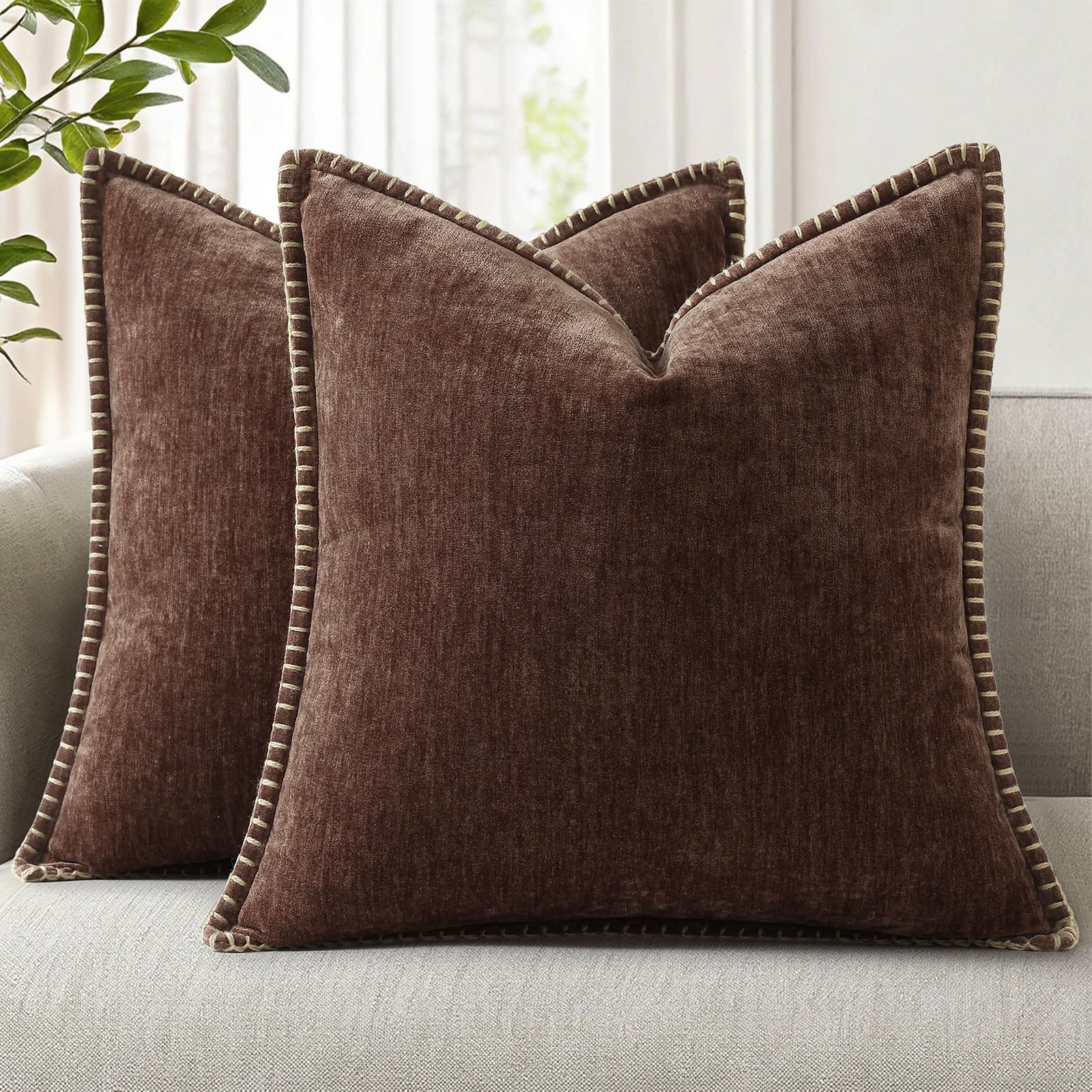 18x18 2-Pack Forest Green Chenille Pillow Covers, Stitched Edge