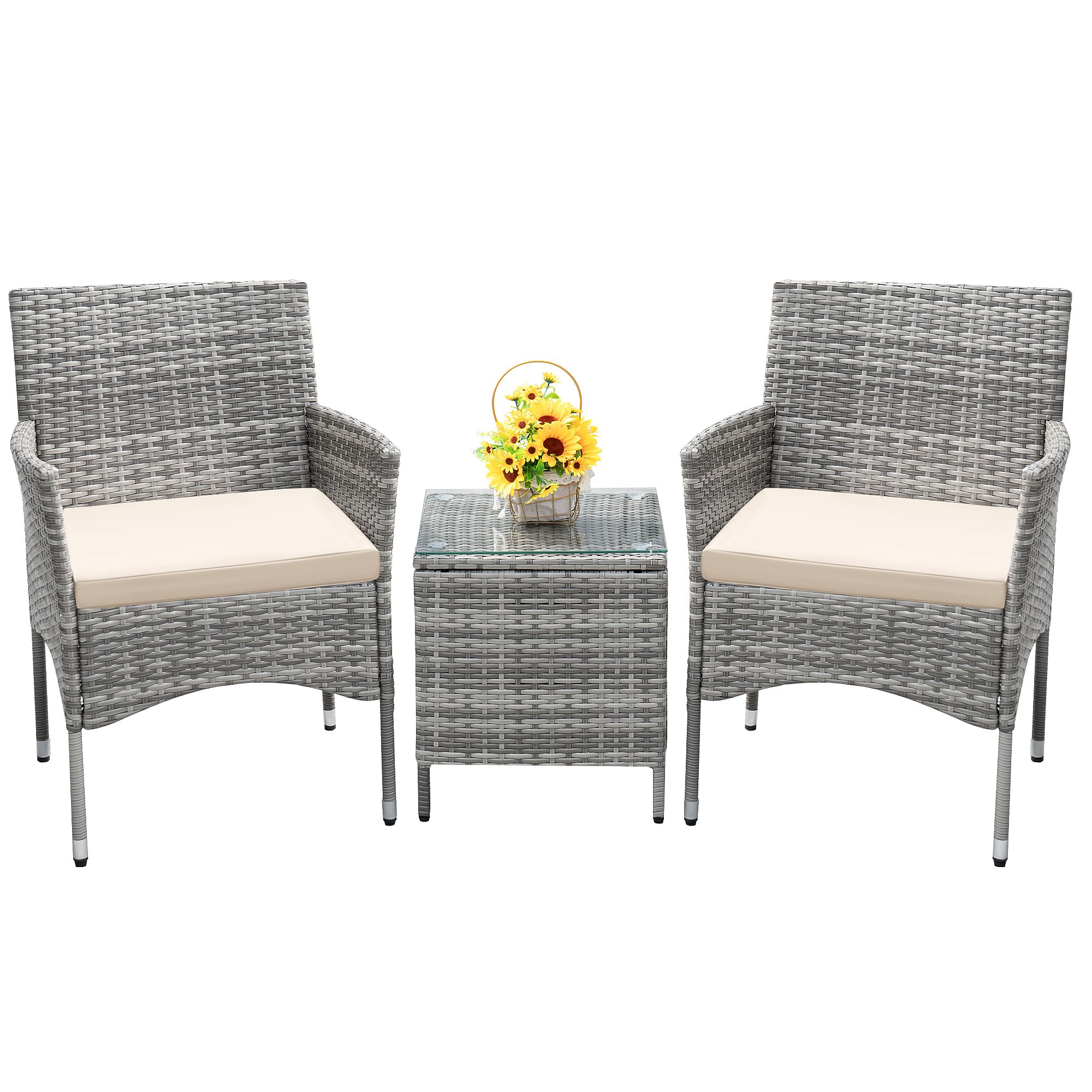 Devoko Patio Porch Furniture Sets 3 Pieces PE Rattan Wicker Chairs with Table Outdoor Garden Furniture Sets (Brown/Beige)