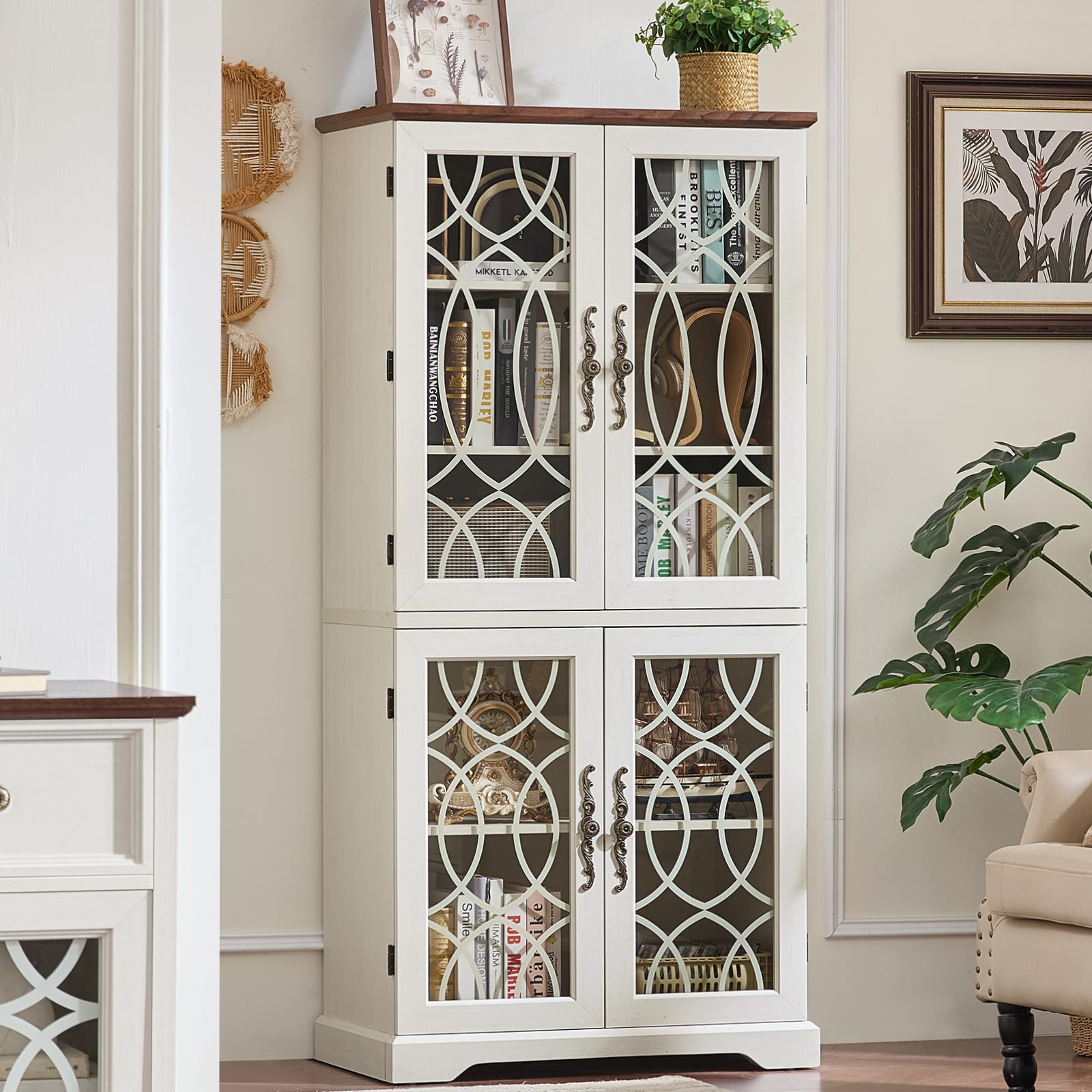Joaxswe 67" Tall Bookshelf, Rustic Book Shelf w/Vintage Pattern Tempered Glass Doors, 5-Tier Wood Bookcase with Adjustable Storage Shelves, Retro Curio Display Cabinet for Living Room, Brown