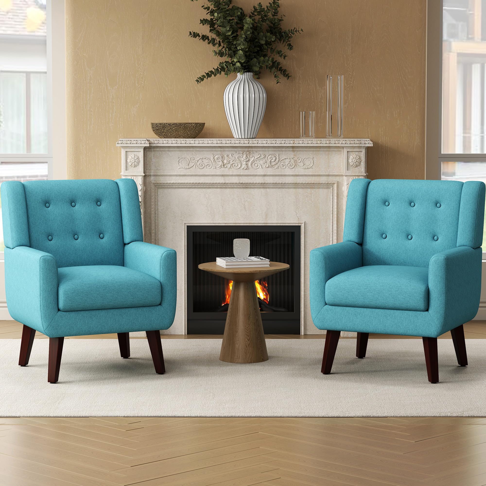 Linen Fabric Living Room Chairs, Accent Chair, Mid Century Modern Armchair for Living Room, Bedroom Button Tufted Upholstered Comfy Reading Sofas,Vanity Chair (2, Beige)