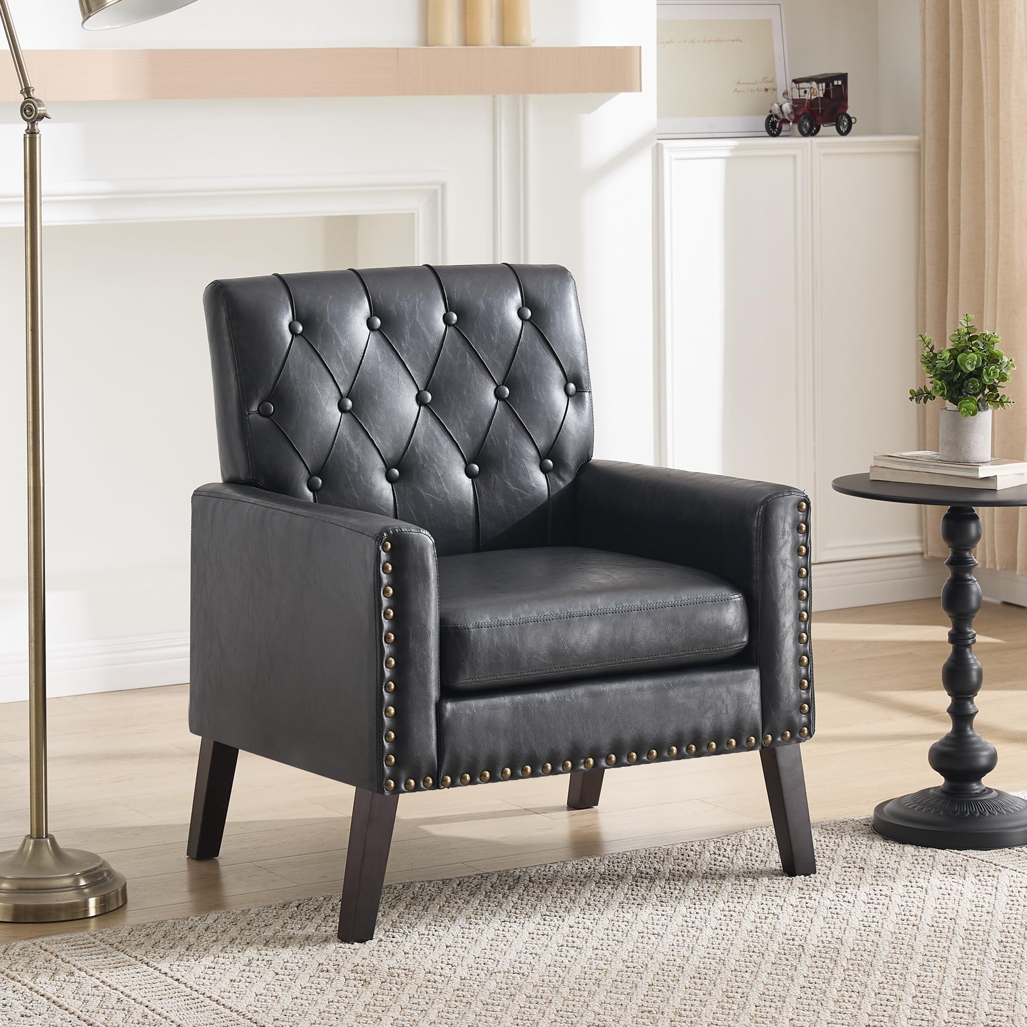 Mid Century Modern Accent Chair, Ivory Faux Leather Office Chair for Reception - Tufted Leather Club Chair for Living Room, Bedroom, or Waiting Room