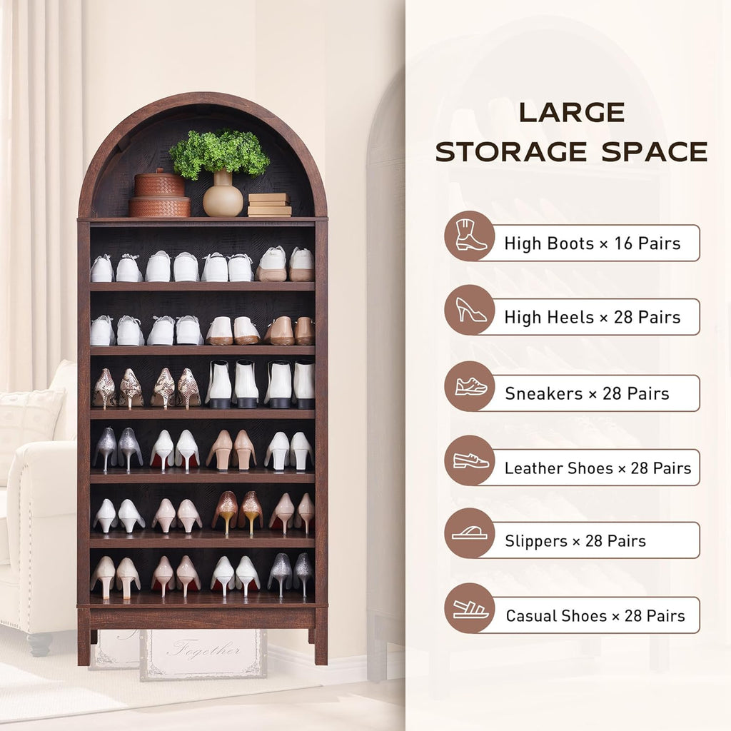 IFGET Brown 7-Tier Adjustable Arched Wooden Bookshelf for Living Room & Office