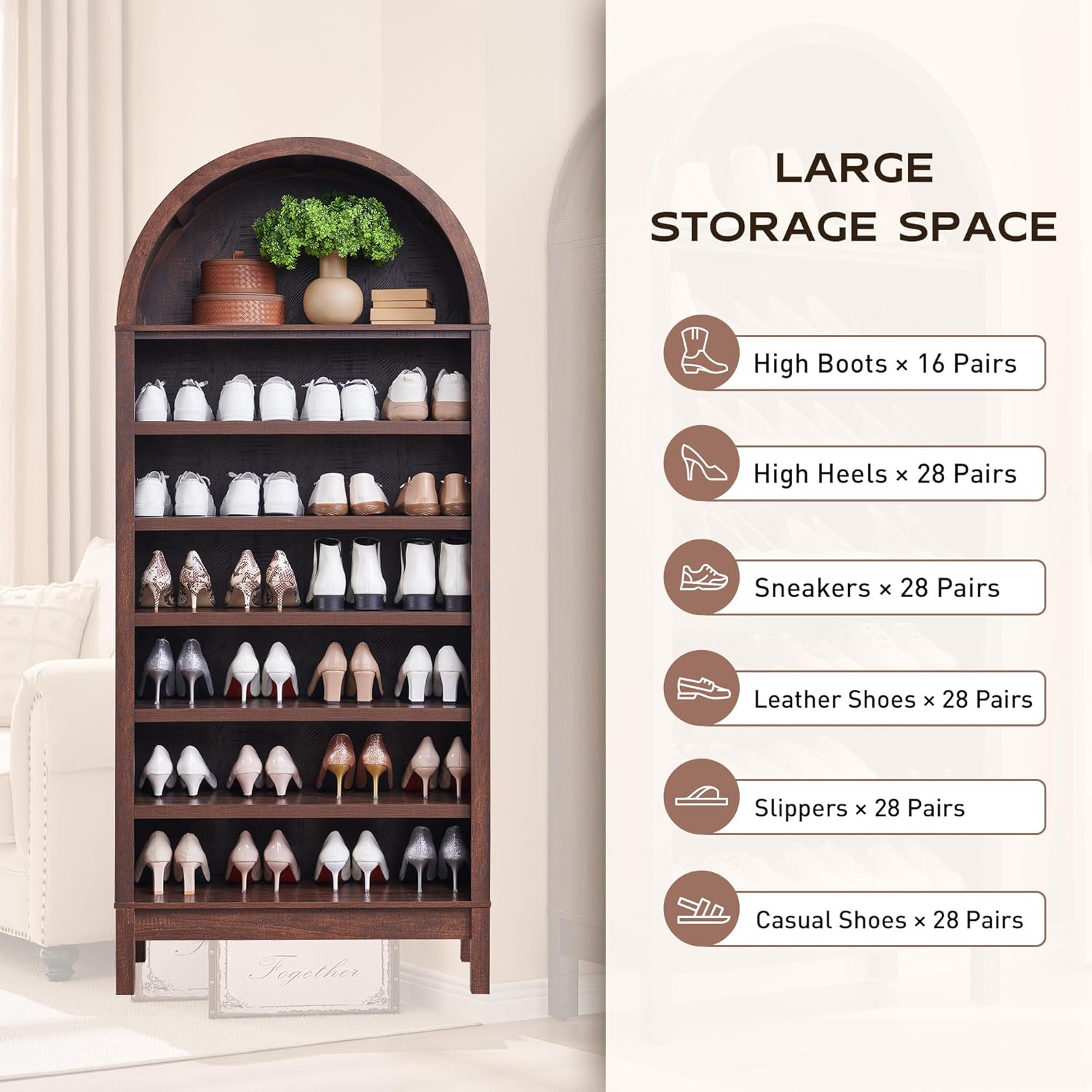 71" 7-Tier Arched Wood Bookshelf Adjustable Shelves, Brown