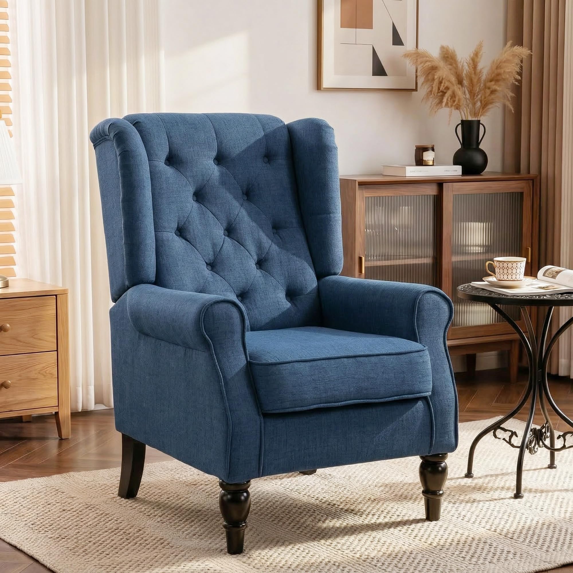 HOMCOM Beige Mid-Century Tufted Wingback Fabric Accent Chair with Wooden Legs for Living Room & Bedroom