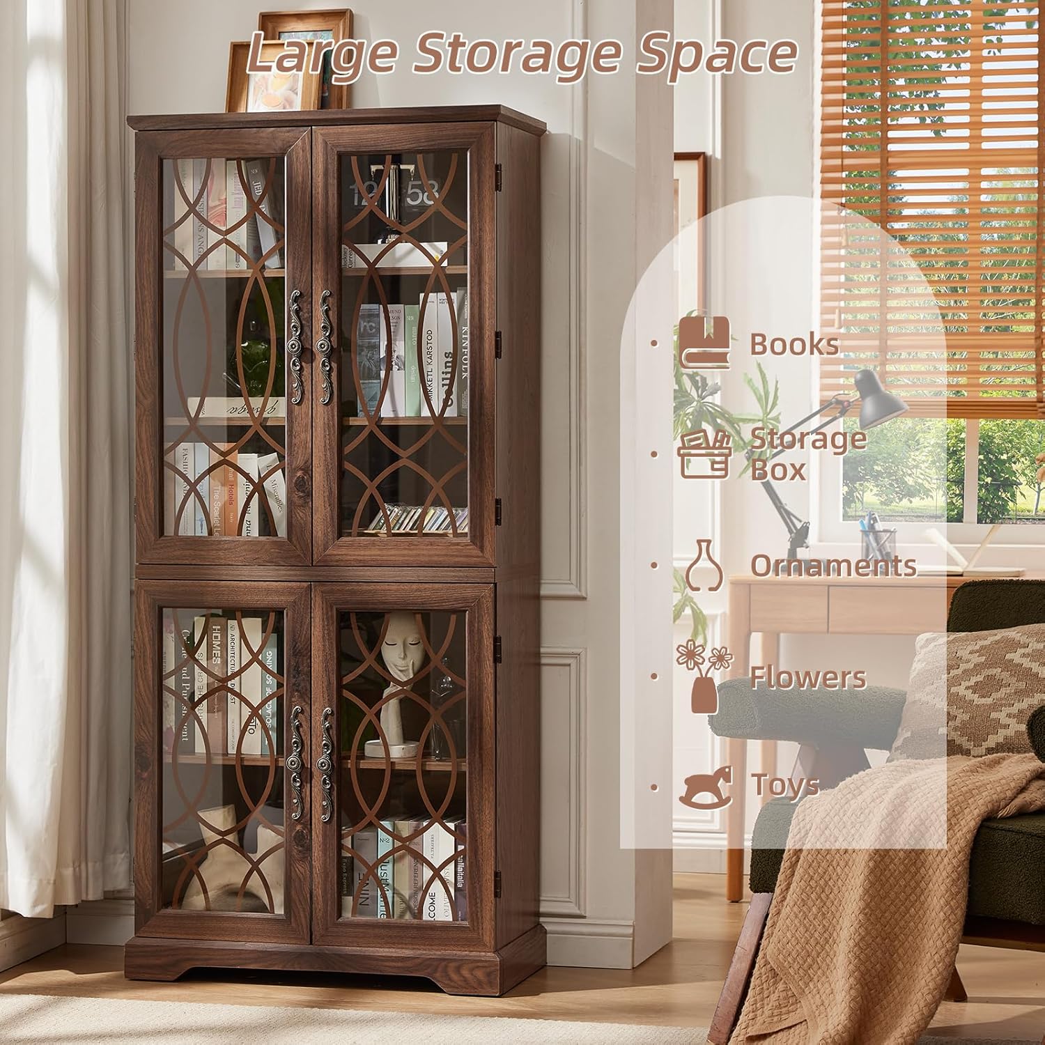 Joaxswe 67" Tall Bookshelf, Rustic Book Shelf w/Vintage Pattern Tempered Glass Doors, 5-Tier Wood Bookcase with Adjustable Storage Shelves, Retro Curio Display Cabinet for Living Room, Brown