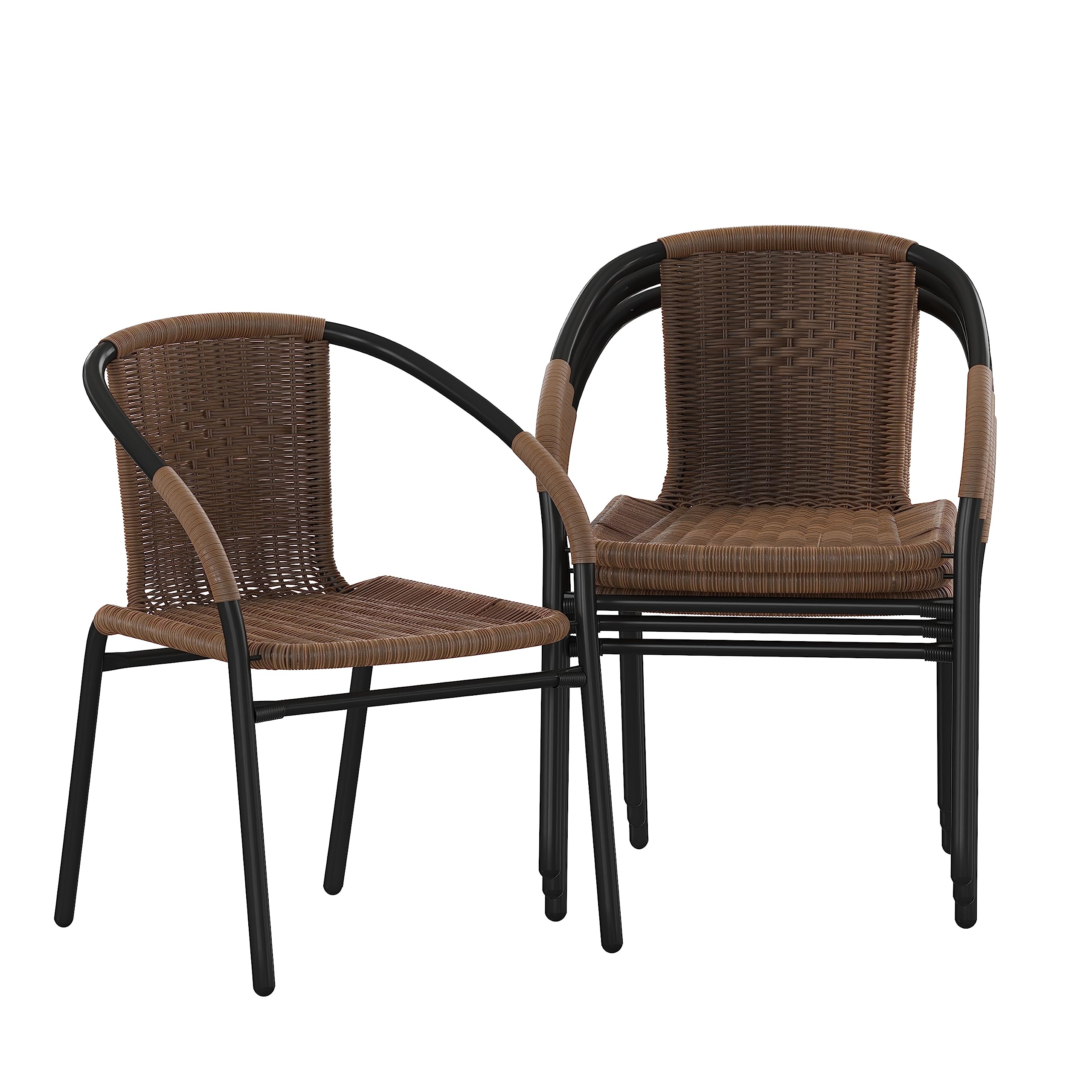 Flash Furniture Lila Modern Rattan Indoor/Outdoor Stackable Dining Chairs, Stacking Rattan Bistro Chairs for Patio or Restaurant, Set of 4, Black