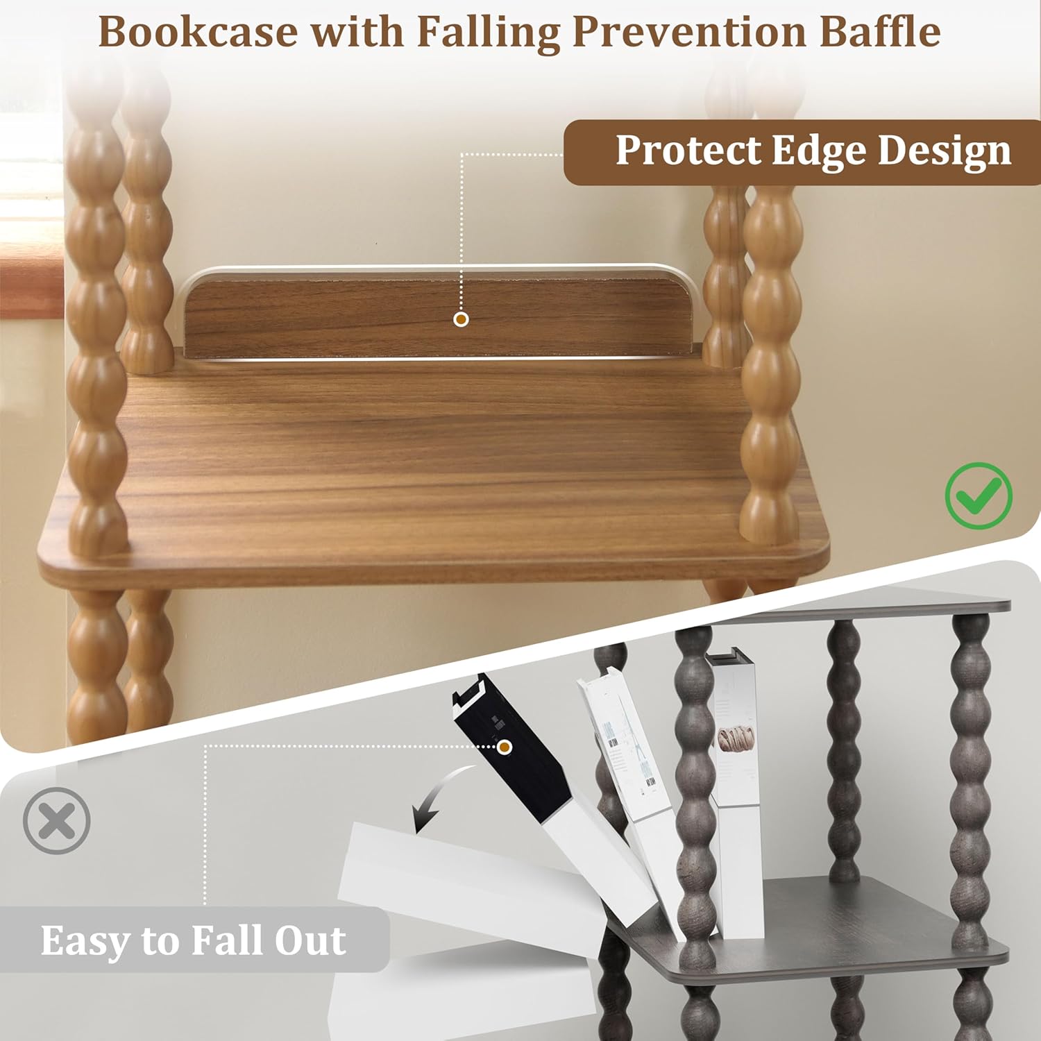 Fultyle Caramel Tan 4-Tier Open Wooden-Leg Bookshelf for Bedroom, Living Room & Office