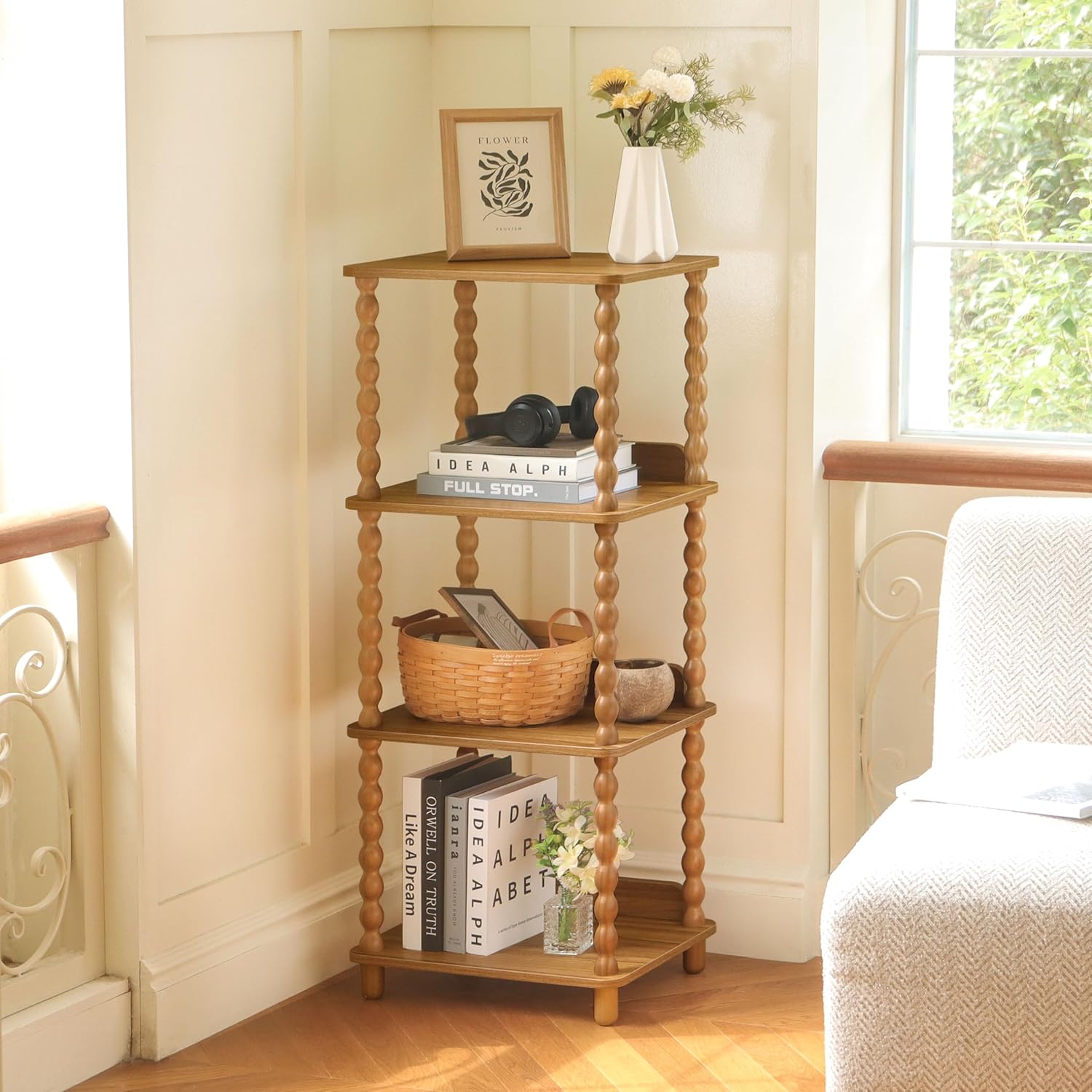 Fultyle Caramel Tan 4-Tier Open Wooden-Leg Bookshelf for Bedroom, Living Room & Office