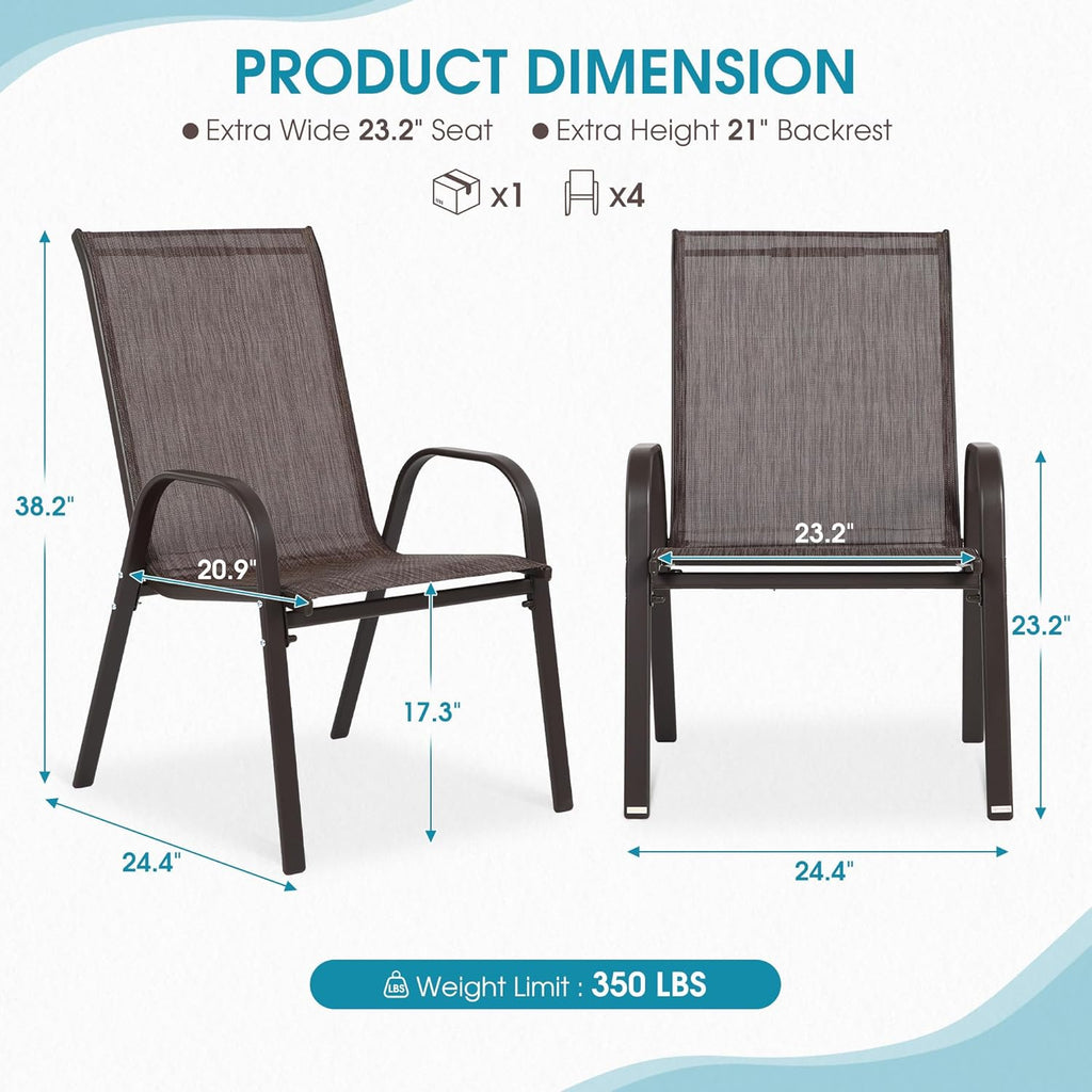 24.4" Wide Outdoor Stackable Chairs Set of 4, Stacking Patio Chairs with Textilene Fabric, Outside Furniture for Garden Backyard Balconie Poolside Deck, Brown