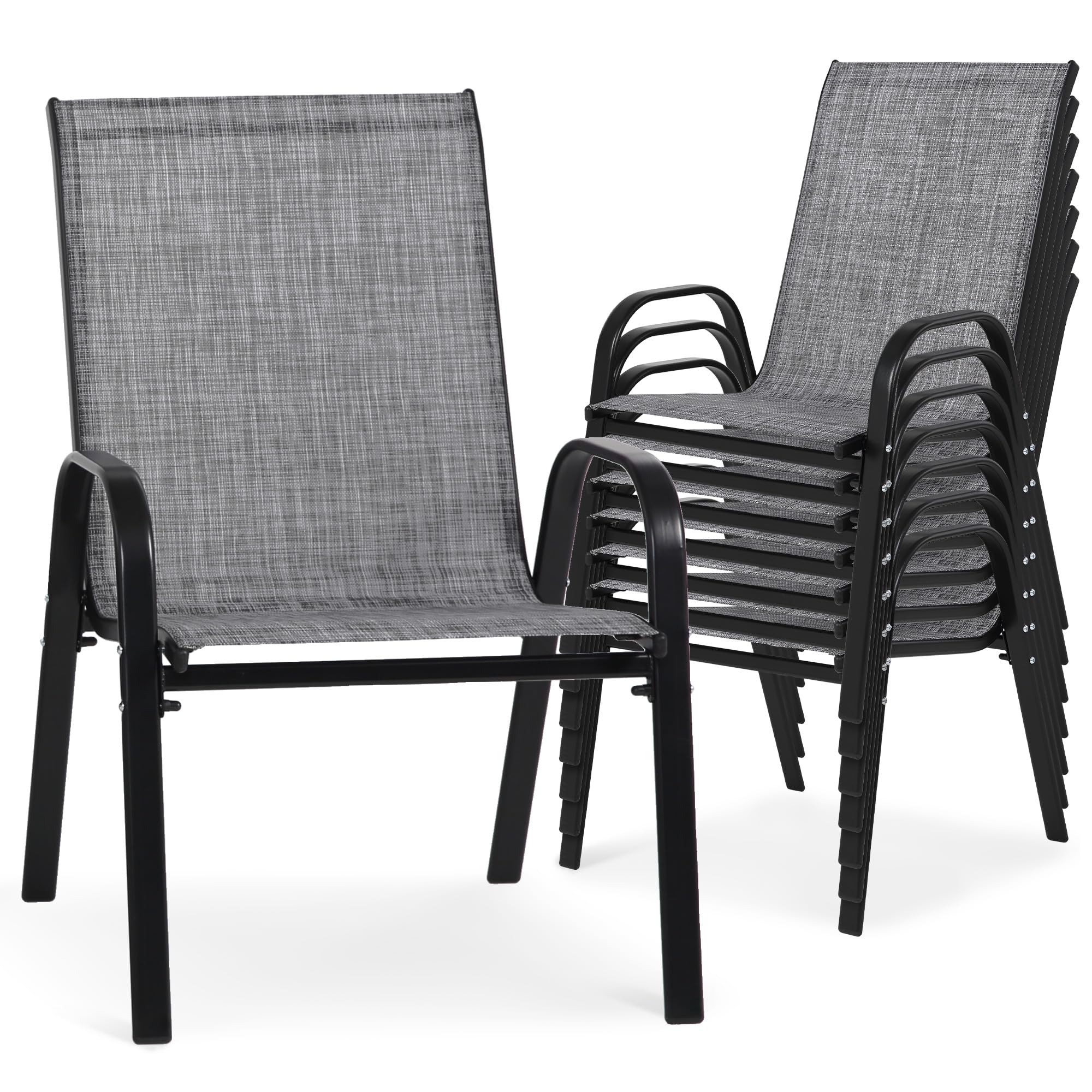 24.4" Wide Outdoor Stackable Chairs Set of 4, Stacking Patio Chairs with Textilene Fabric, Outside Furniture for Garden Backyard Balconie Poolside Deck, Brown