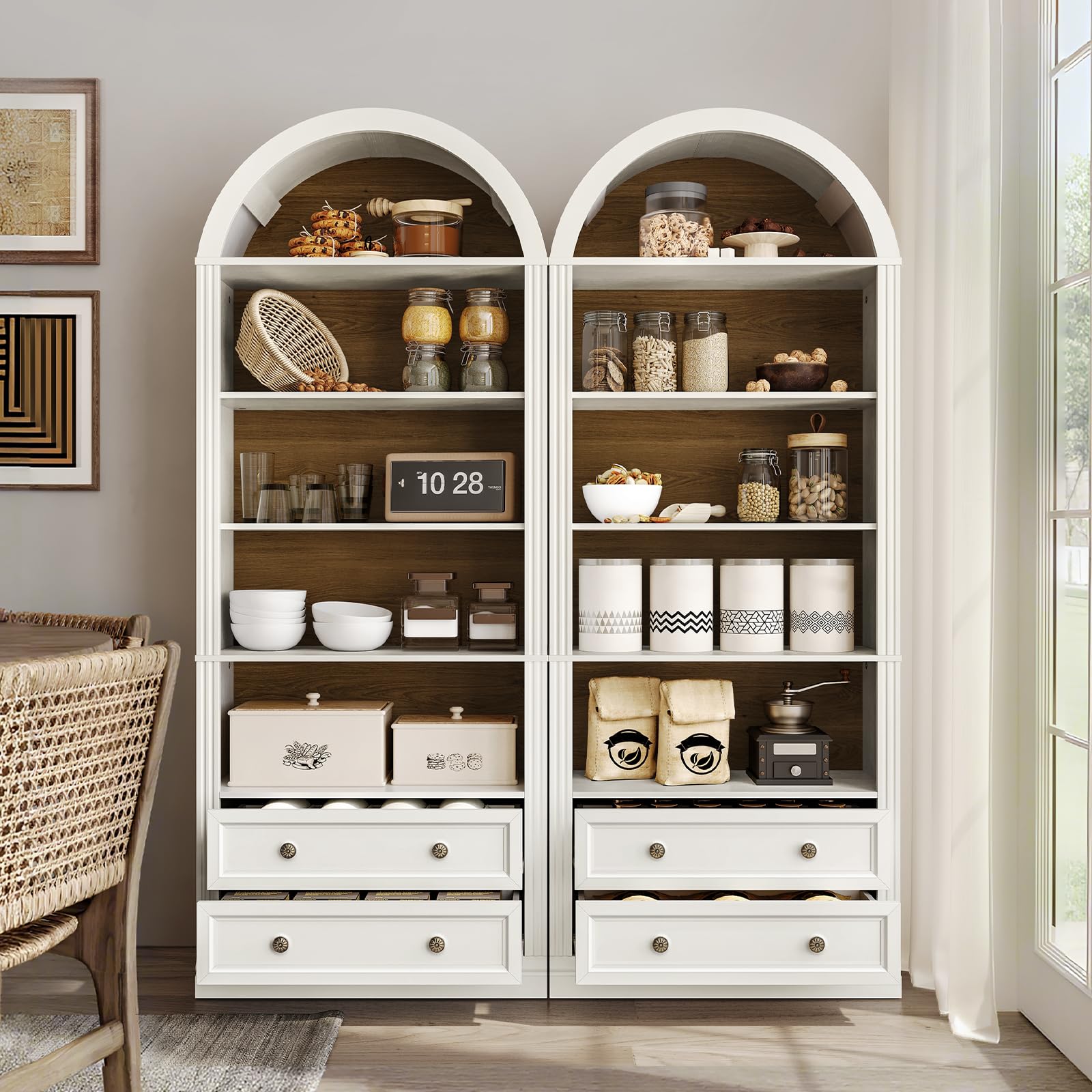 RALGEND Farmhouse Arched Bookshelf, 7 Tiers Arch Bookcase with 2 Spacious Drawers, Modern Book Shelf with Open Display Shelves and Storage Cabinet, for Office, Living Room, Kitchen, Walnut