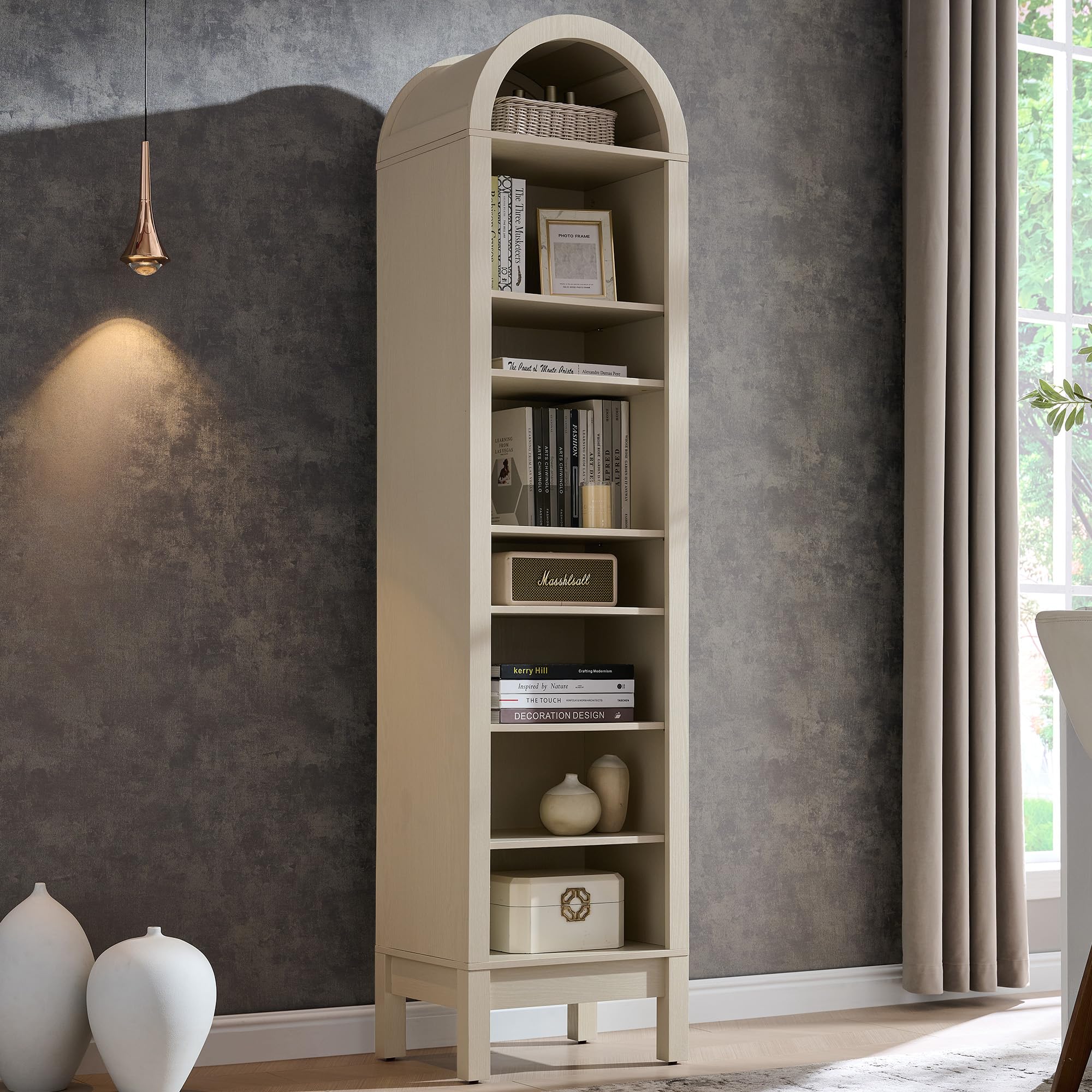 71" 7-Tier Arched Wood Bookshelf Adjustable Shelves, Brown