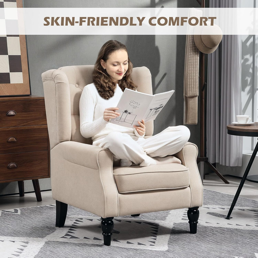 HOMCOM Beige Mid-Century Tufted Wingback Fabric Accent Chair with Wooden Legs for Living Room & Bedroom