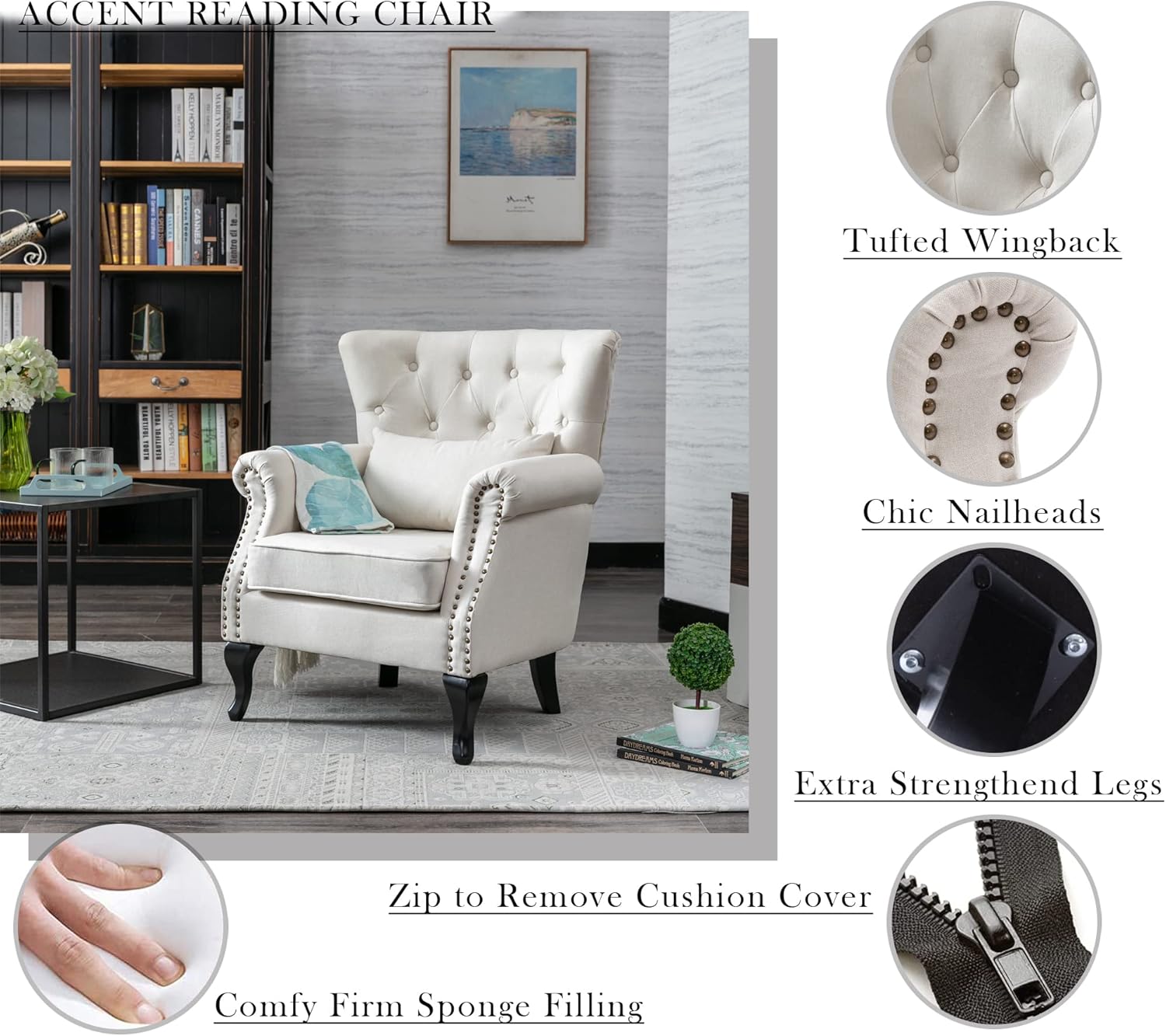 Mid Century Modern Accent Chair Upholstered Armchair Comfy Linen Fabric Single Sofa with Tufted Wingback for Small Spaces Bedroom Living Room, Beige