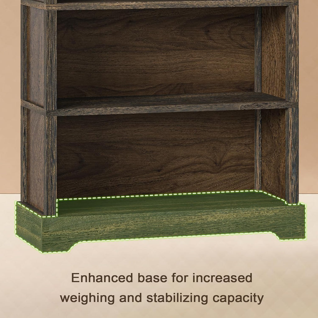 TVU 5-Tier Solid Wood Book Shelf, Floor Standing Bookcase, 65" H × 31.5" W × 11.8" D Bookshelf, Farmhouse Style Book Case with Arched Base, Suitable for Living Room, Study, Office, Walnut
