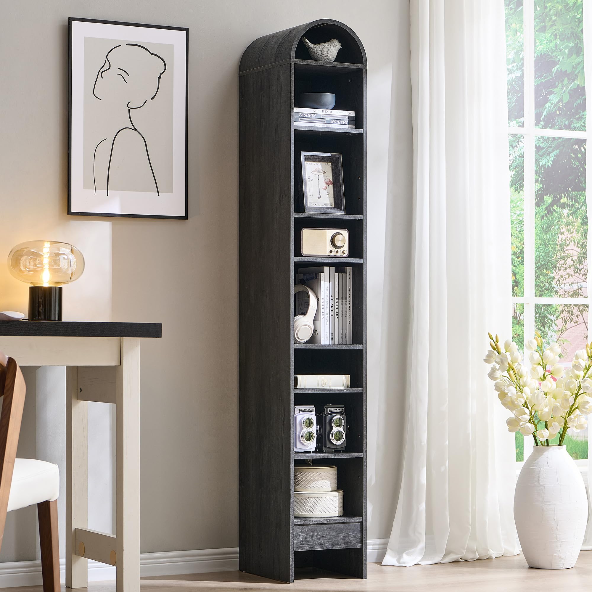 71" 7-Tier Arched Wood Bookshelf Adjustable Shelves, Brown