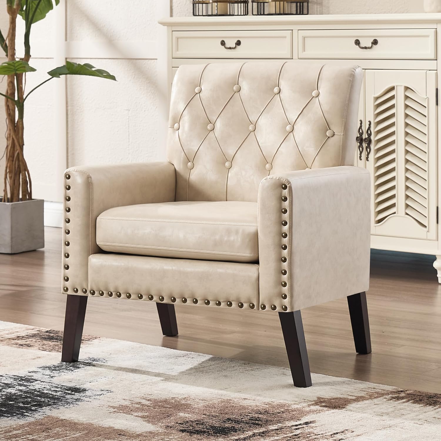 Mid Century Modern Accent Chair, Ivory Faux Leather Office Chair for Reception - Tufted Leather Club Chair for Living Room, Bedroom, or Waiting Room