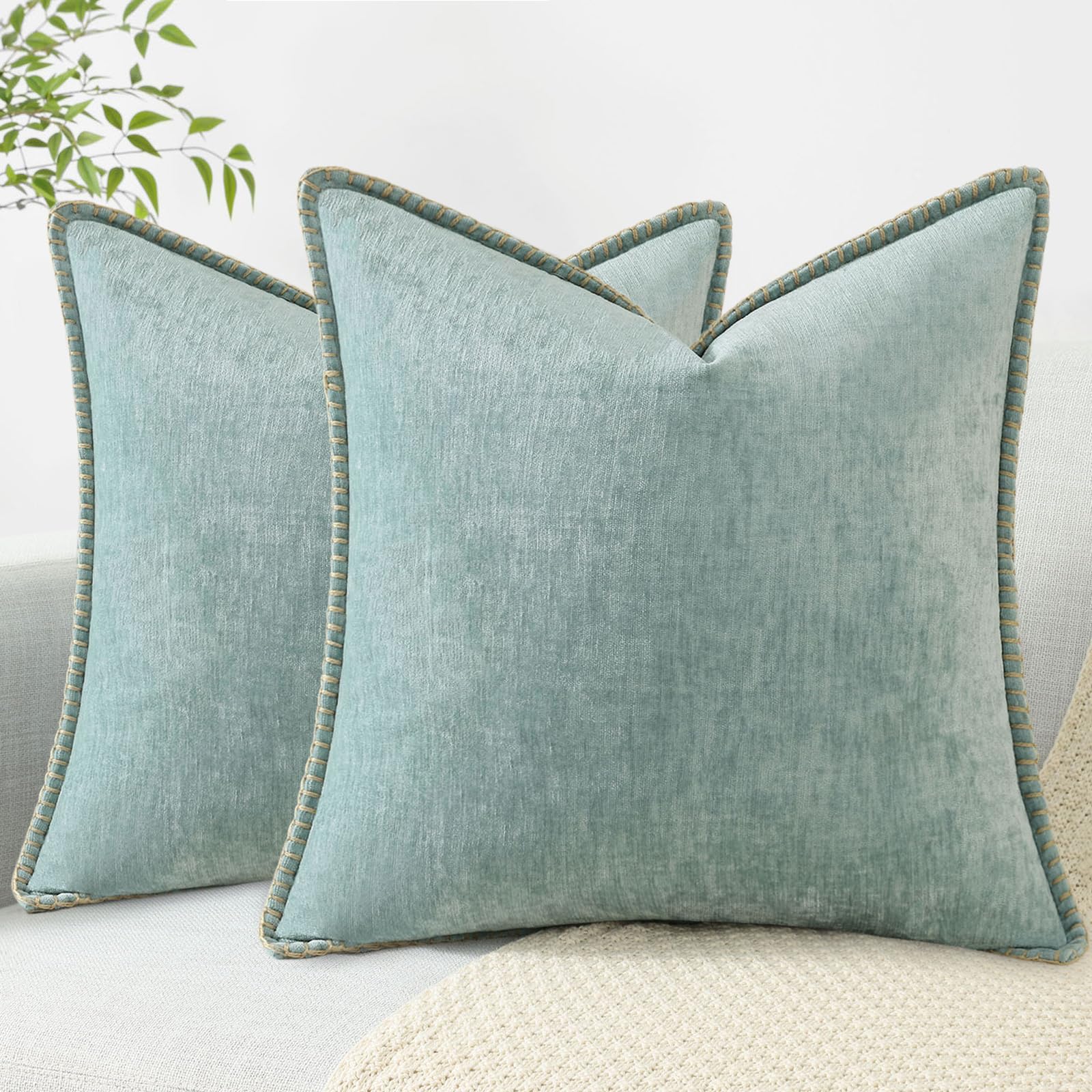 18x18 2-Pack Forest Green Chenille Pillow Covers, Stitched Edge