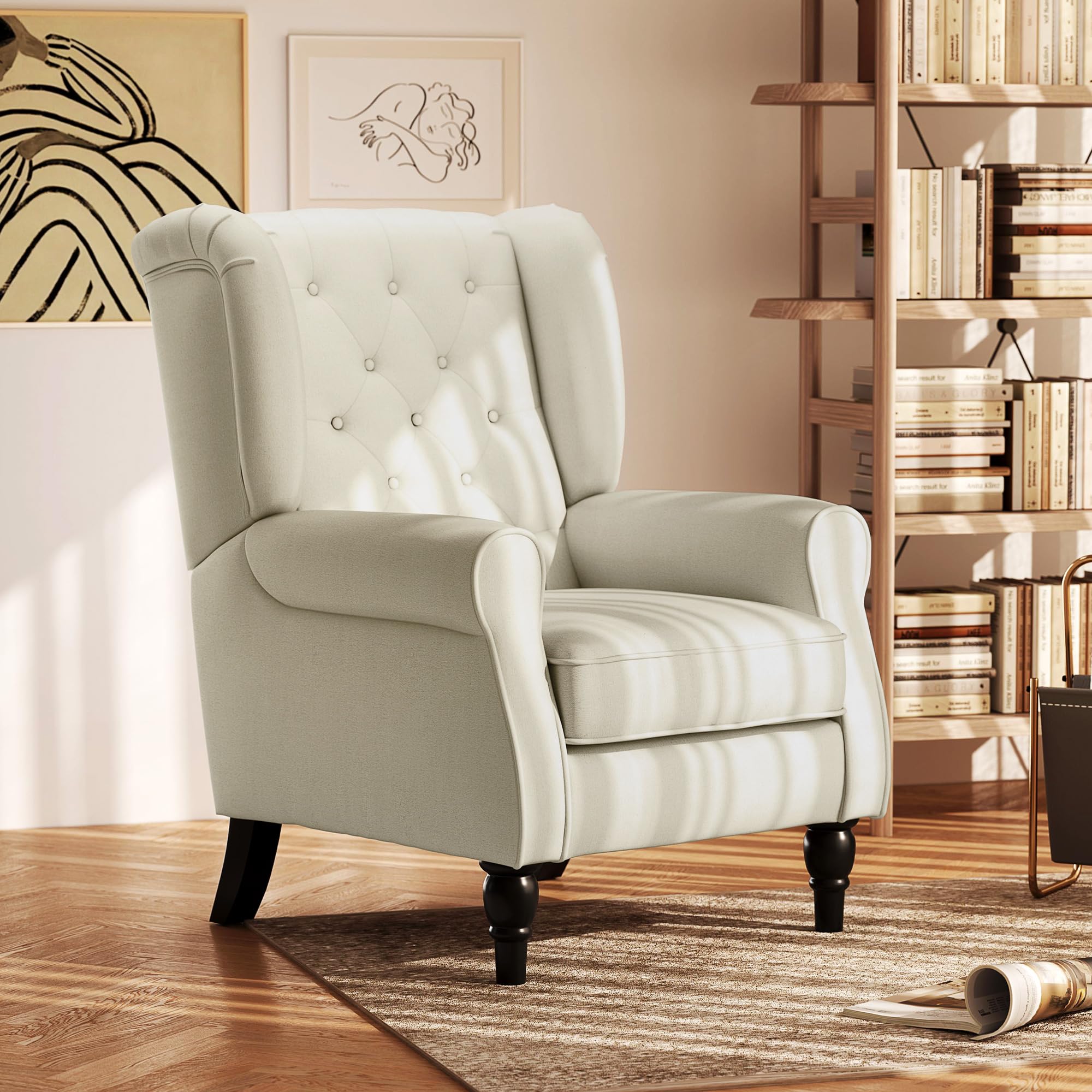 HOMCOM Mid-Century Modern Accent Chair, High Wingback Reading Chair, Button-Tufted Upholstered Fabric Armchair with Retro Wood Legs for Apartment, Living Room, Bedroom, Gray