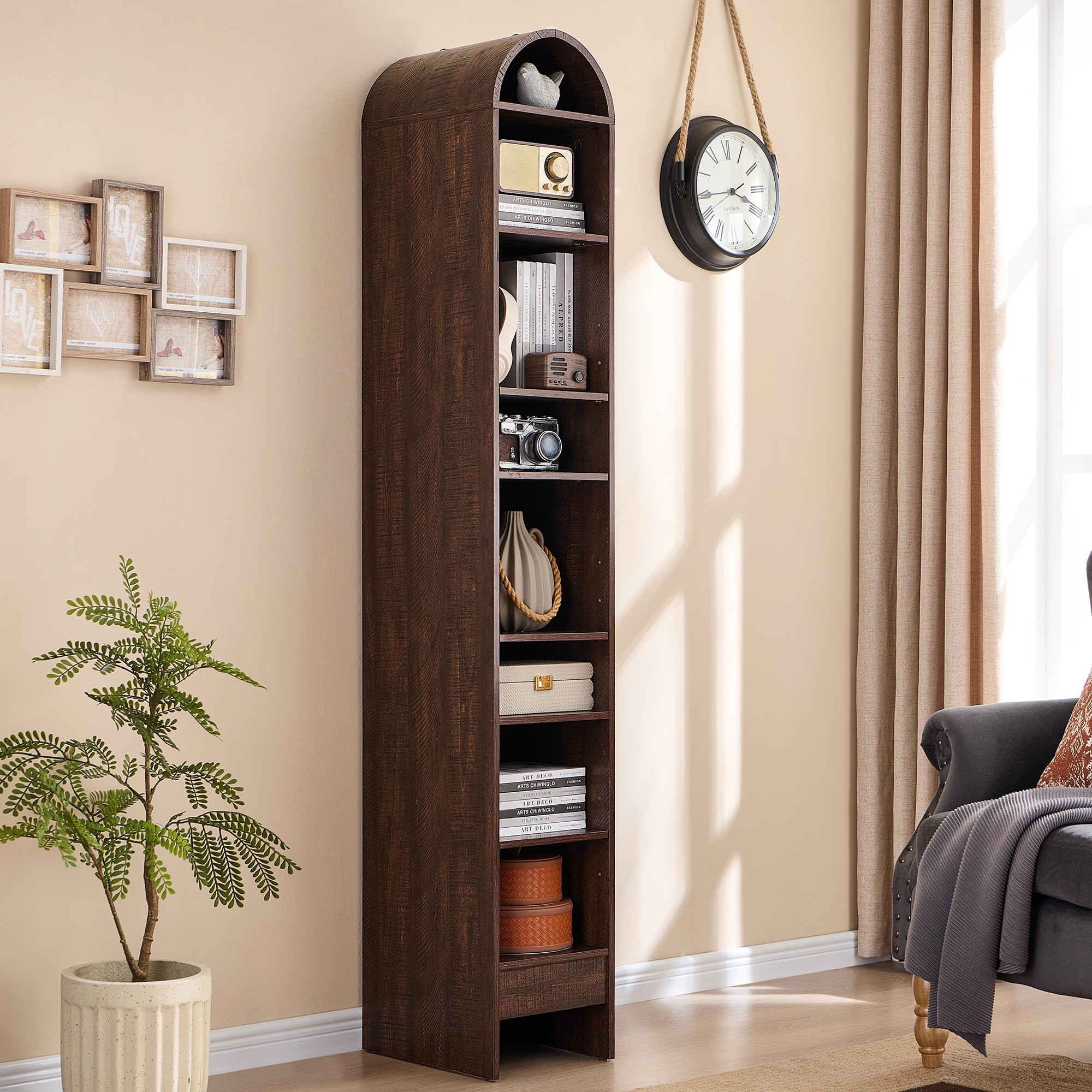 71" 7-Tier Arched Wood Bookshelf Adjustable Shelves, Brown