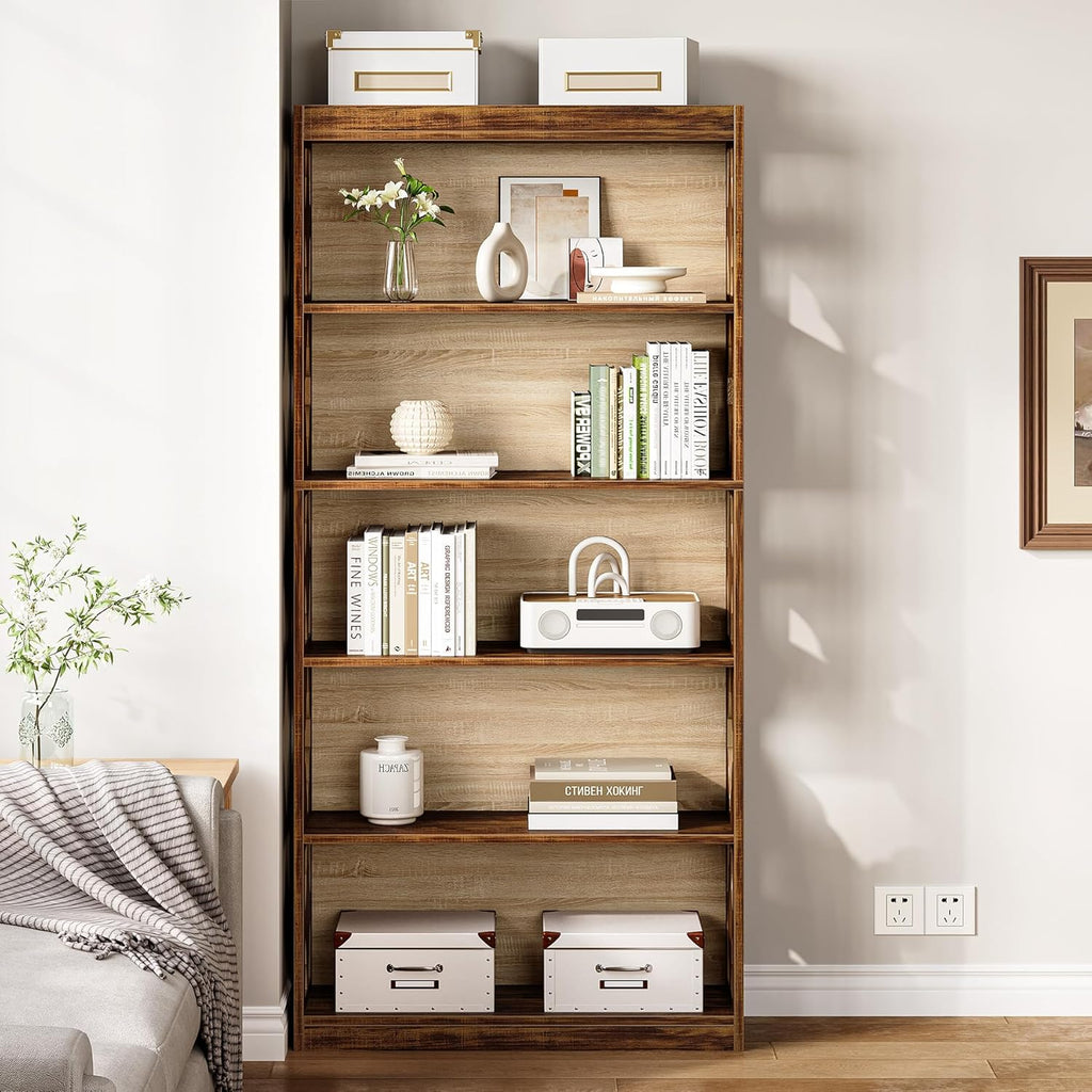 LITTLE TREE 69.9" Vintage Bookshelf, 5-Tier Tall Bookshelves, Cutout Design Vertical Bookcase, Freestanding Storage Display Shelf for Living Room, Bedroom, Study, Office, 1 Pack