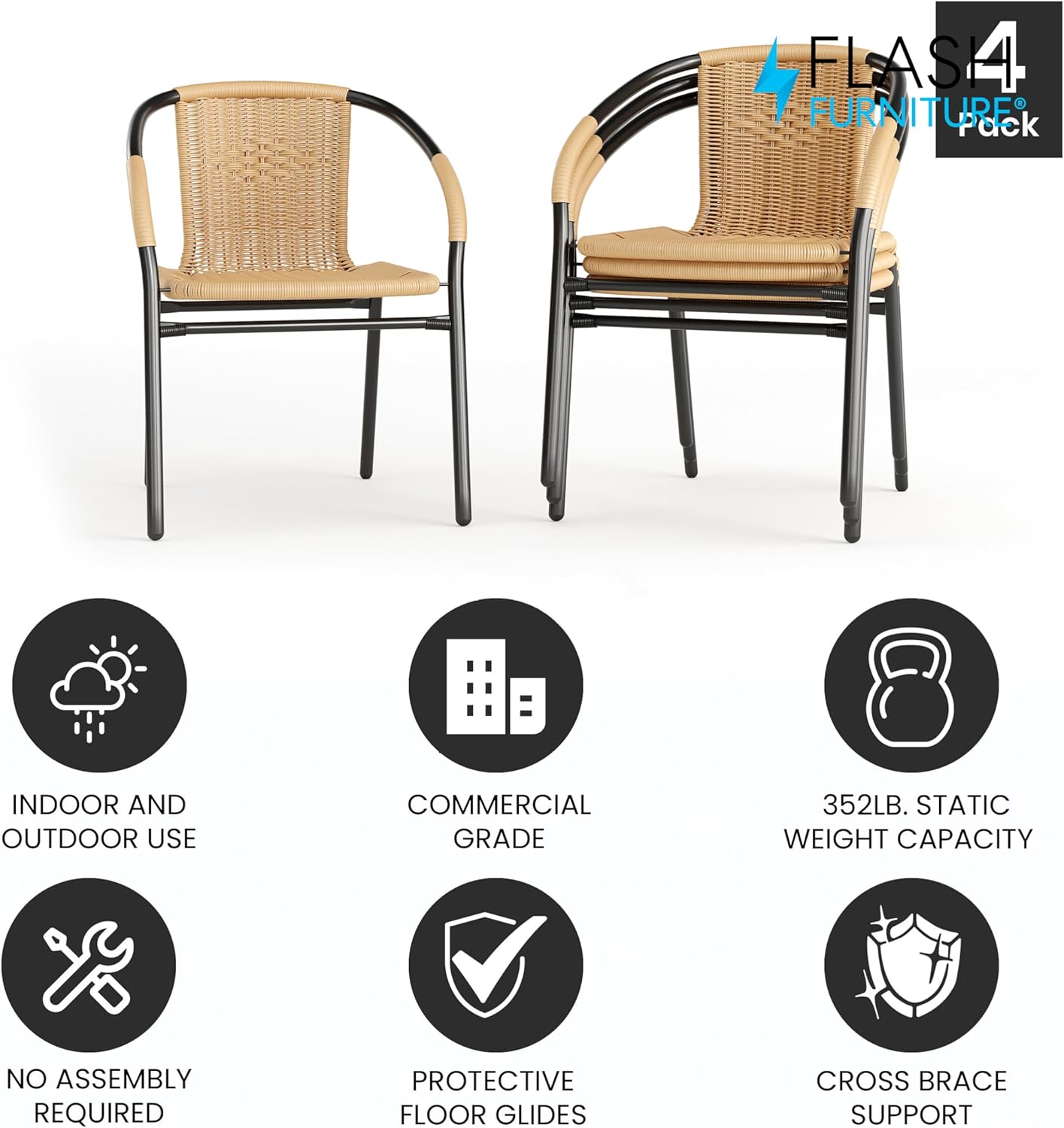 Flash Furniture Lila 4 Pack Beige Rattan Indoor-Outdoor Restaurant Stack Chair | Versatile and Stylish Seating