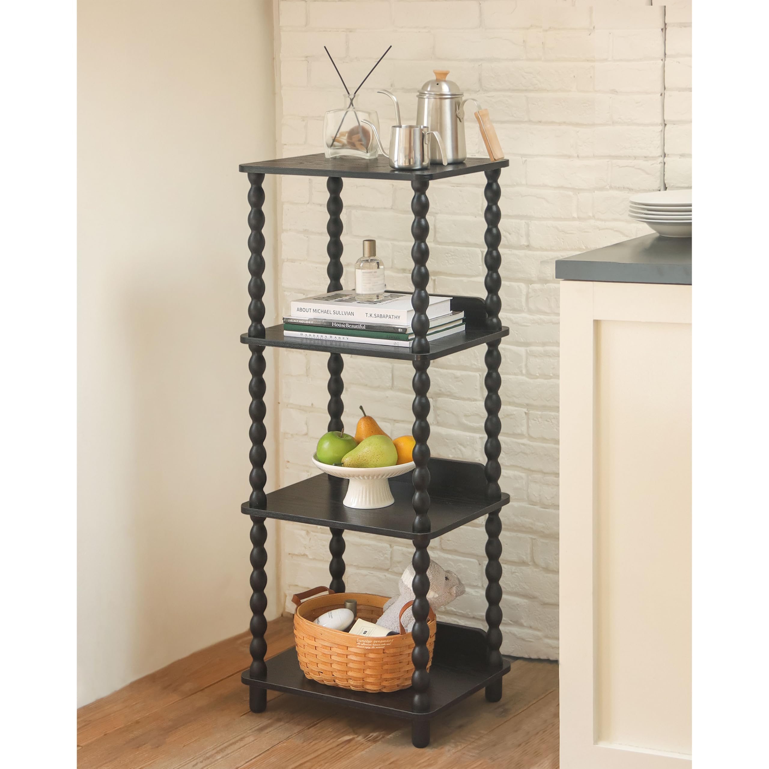 Fultyle Caramel Tan 4-Tier Open Wooden-Leg Bookshelf for Bedroom, Living Room & Office
